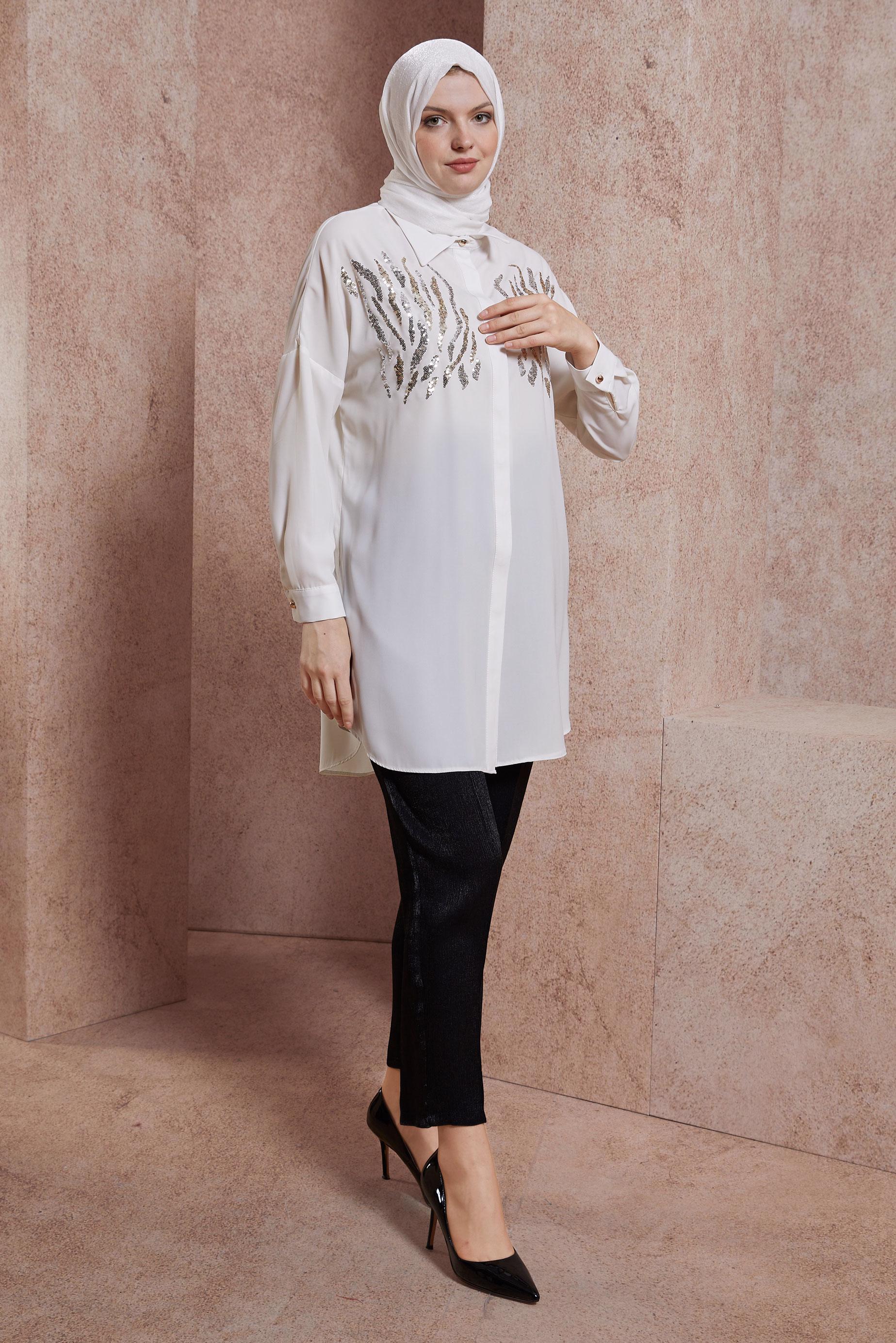 Tesettür giyim BEYAZ PUL DETAYLI GÖMLEK YAKA TUNİK 44569