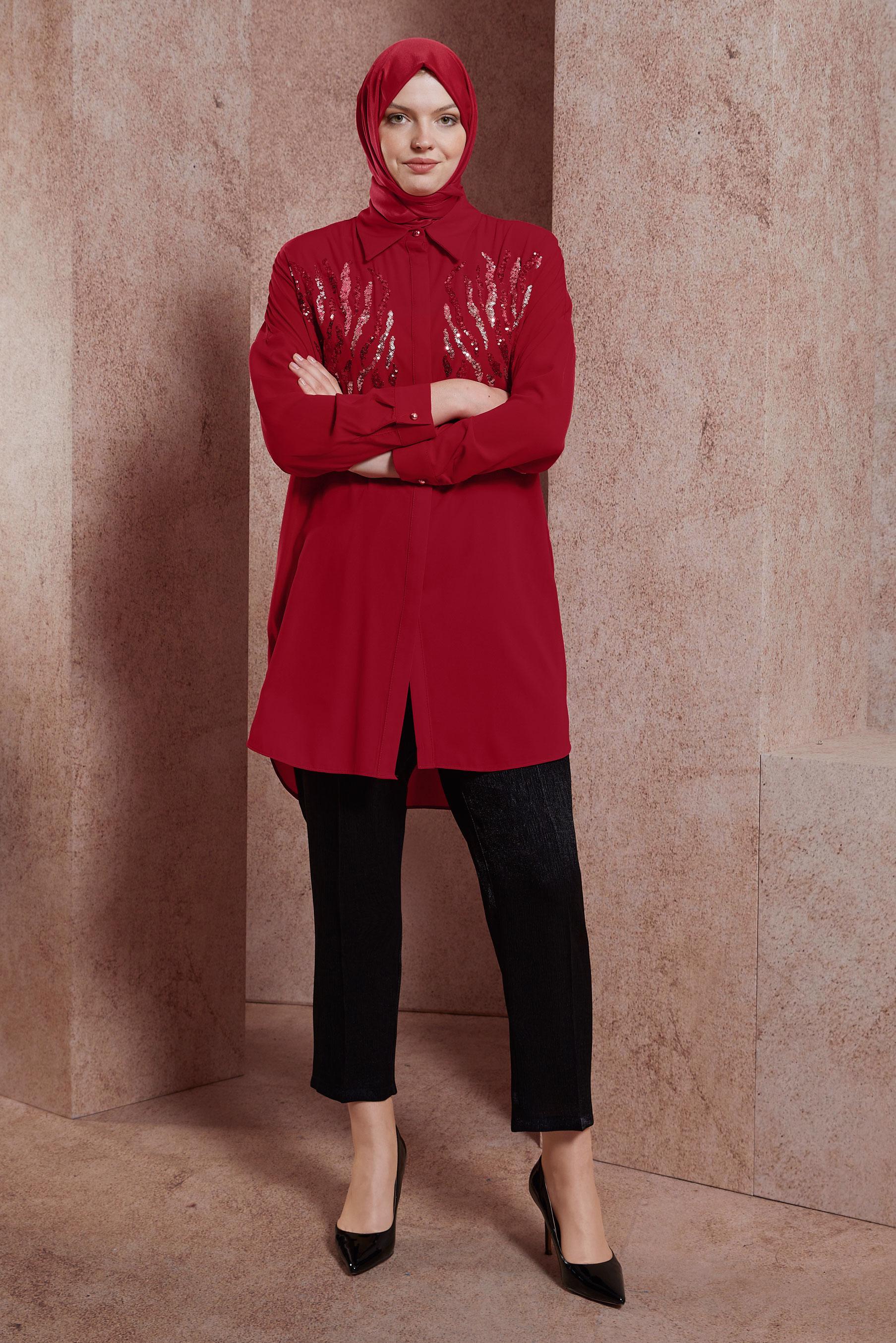Tesettür giyim KIRMIZI PUL DETAYLI GÖMLEK YAKA TUNİK 44569