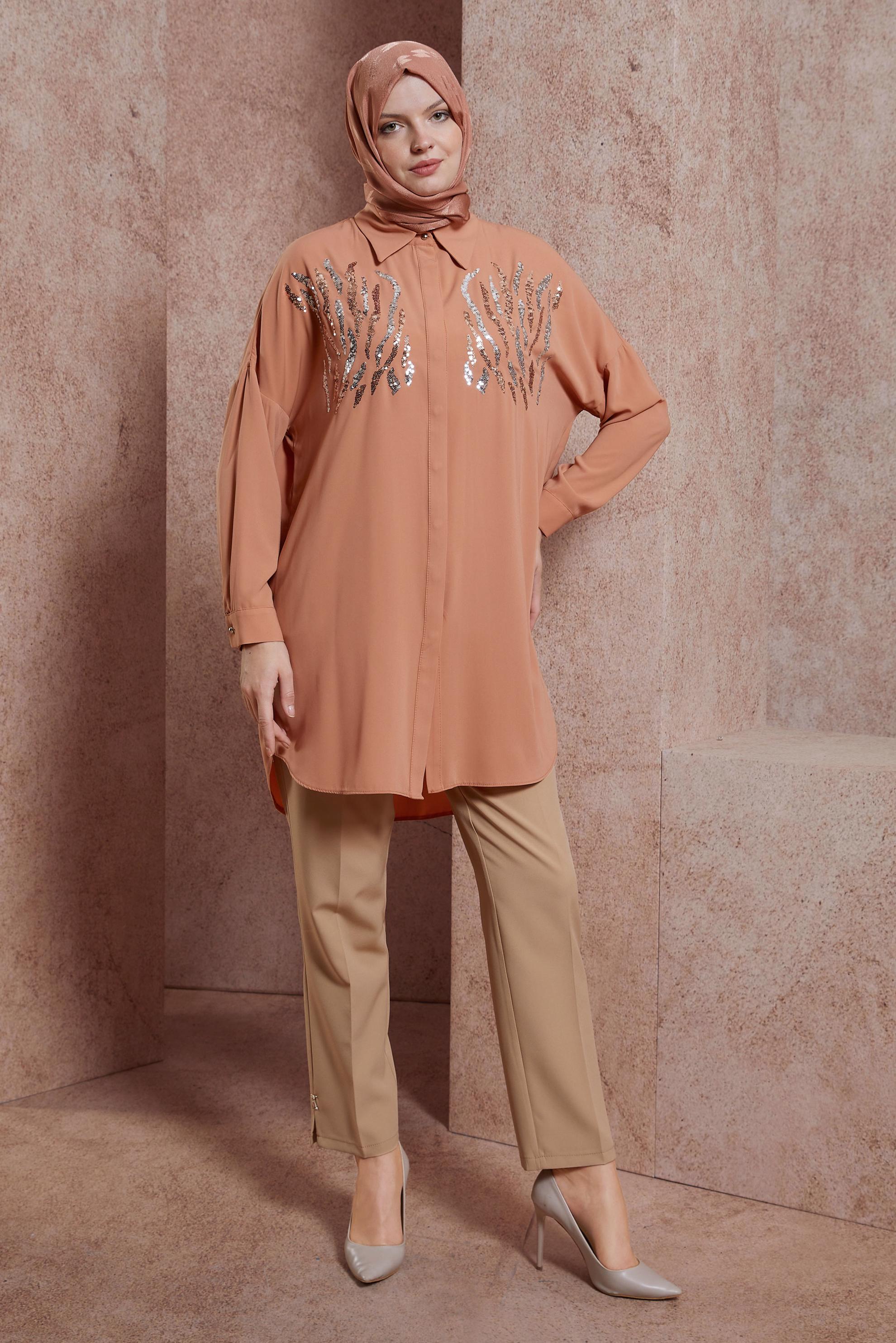 Tesettür giyim KAHVE PUL DETAYLI GÖMLEK YAKA TUNİK 44569