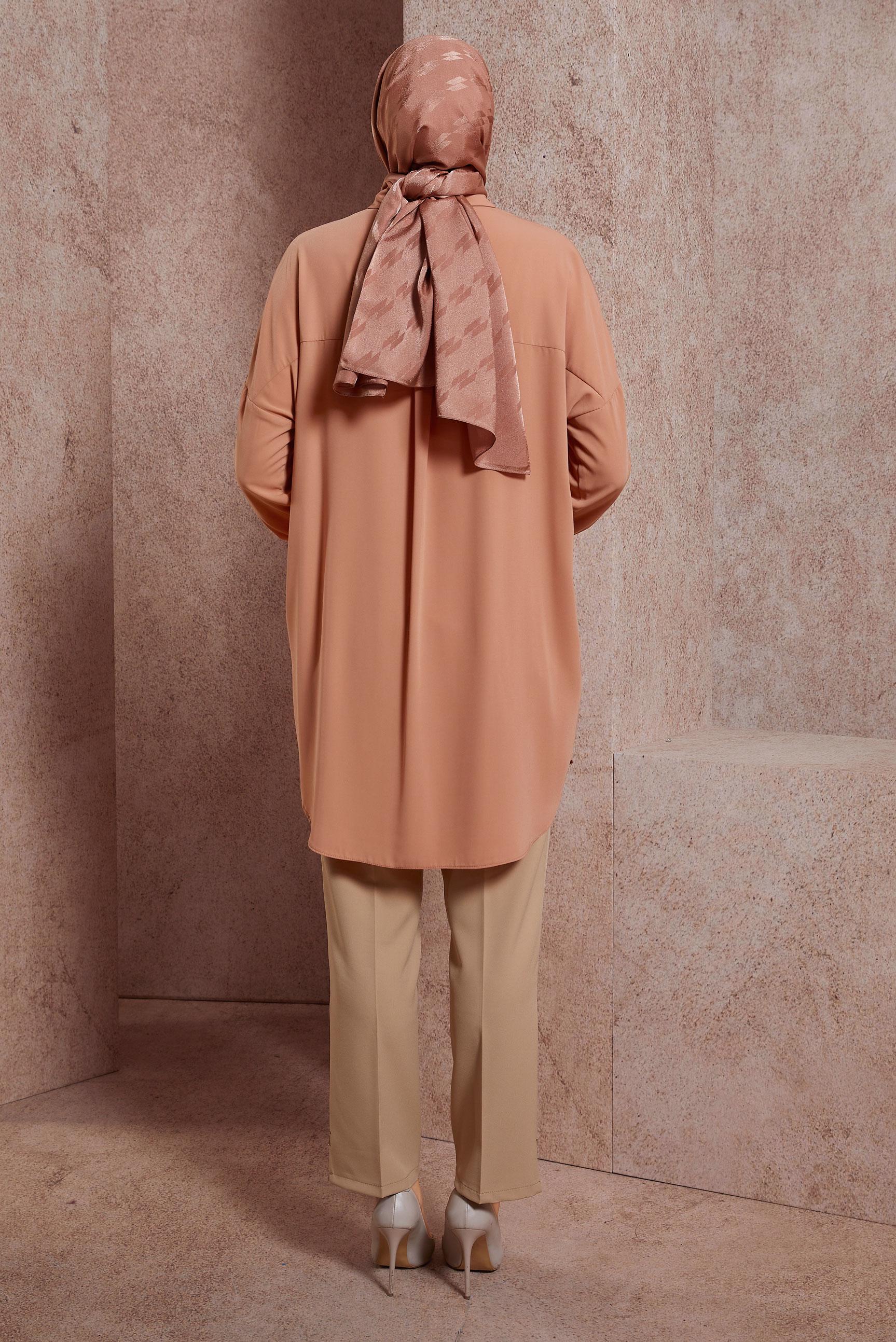 Tesettür giyim KAHVE PUL DETAYLI GÖMLEK YAKA TUNİK 44569