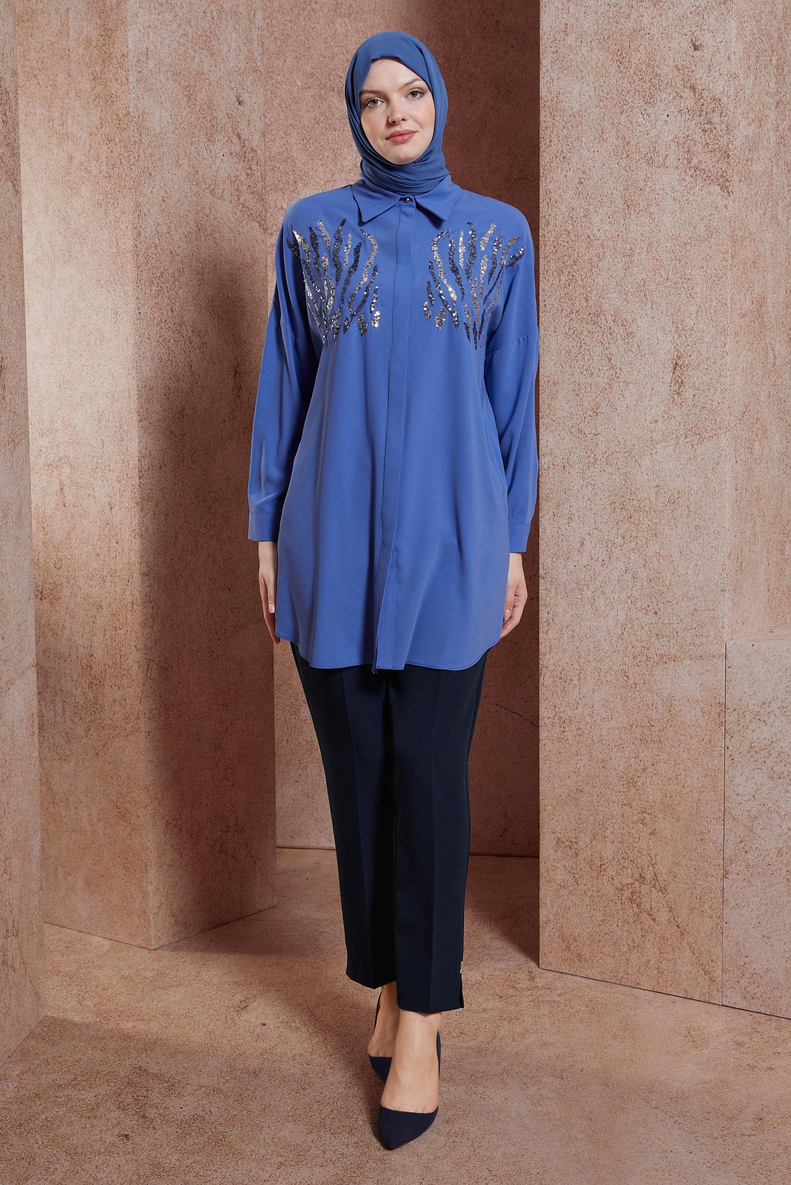 Tesettür giyim MAVİ PUL DETAYLI GÖMLEK YAKA TUNİK 44569
