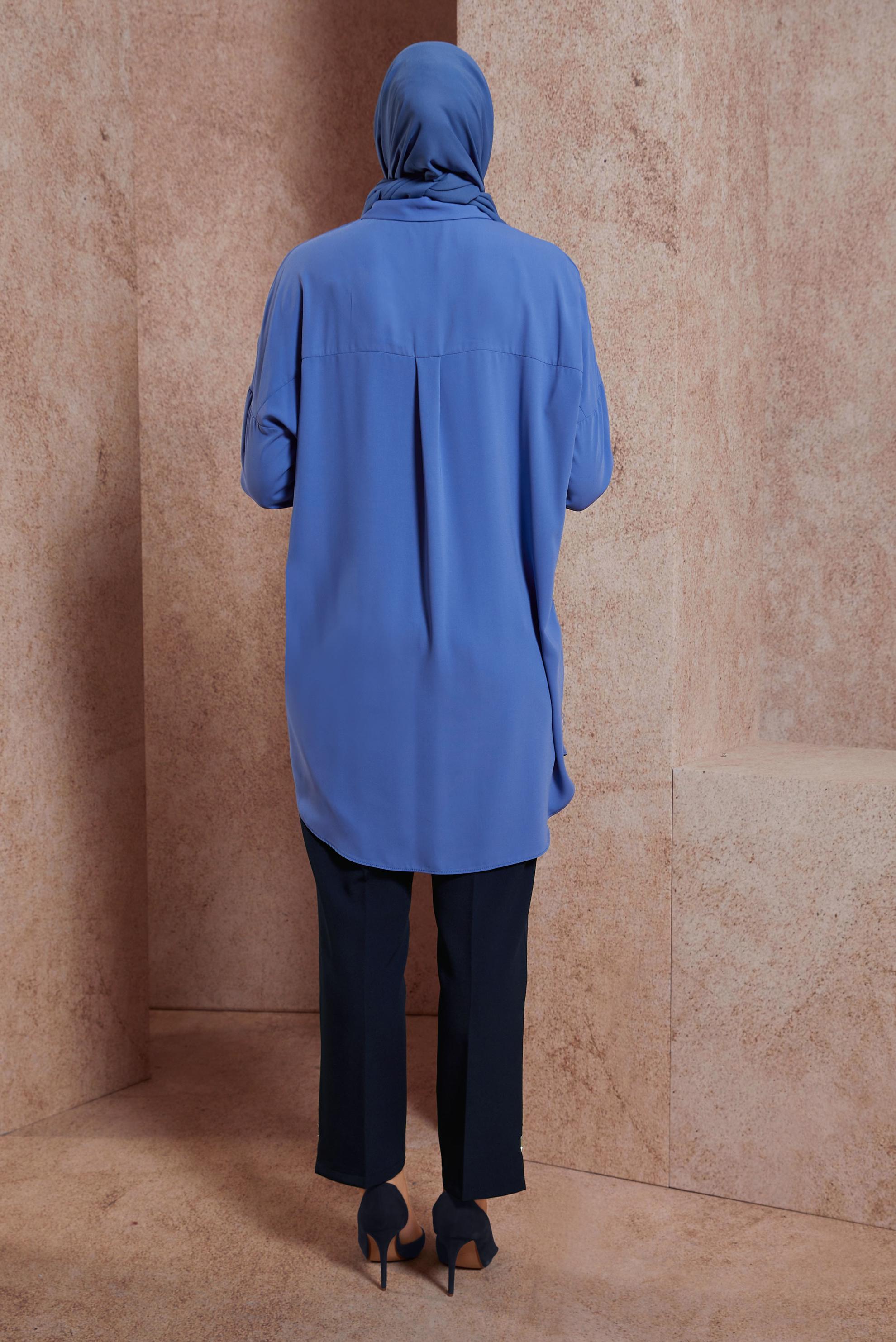 Tesettür giyim MAVİ PUL DETAYLI GÖMLEK YAKA TUNİK 44569