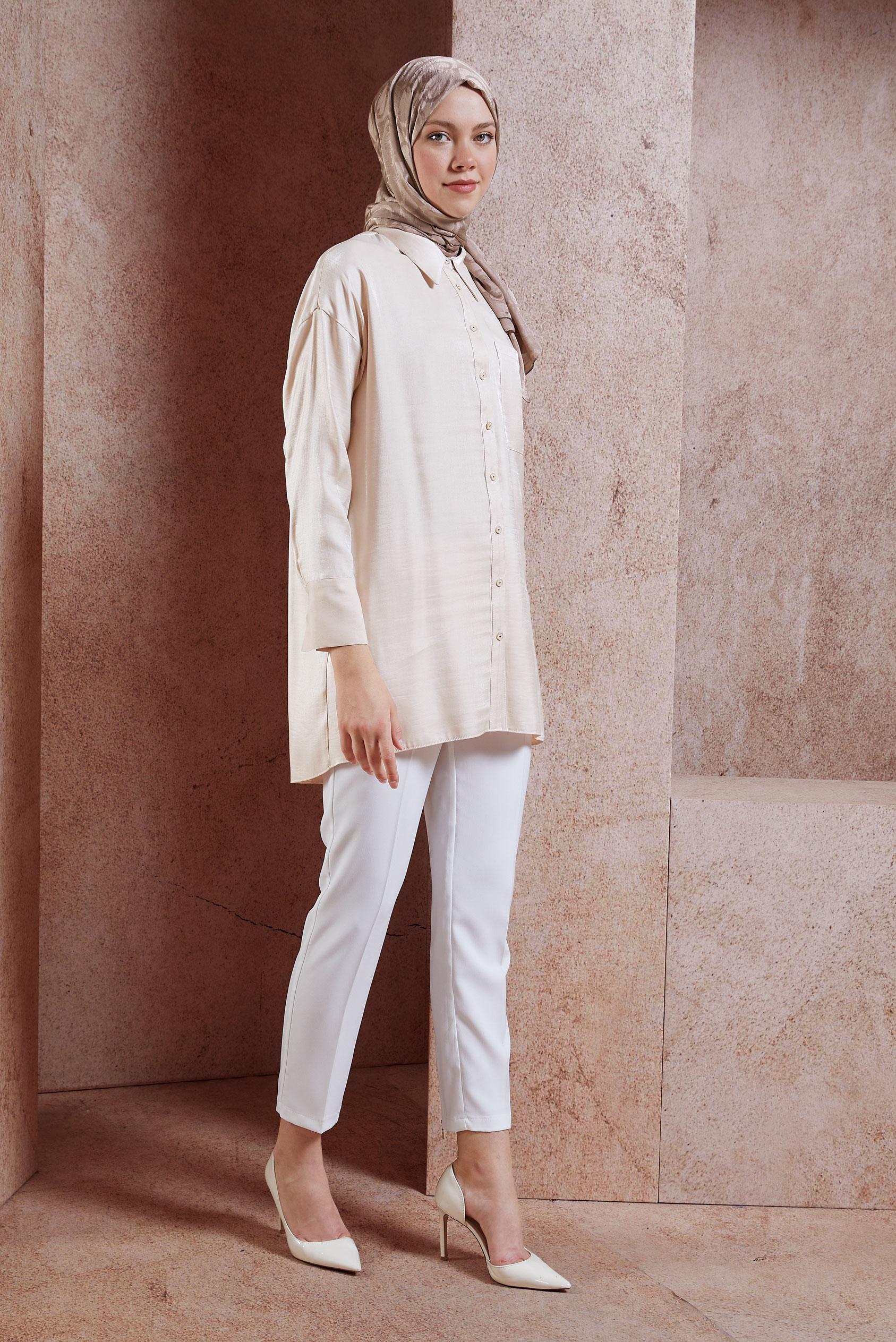 Tesettür giyim BEJ BÜRÜMCÜK TESETTÜR TUNİK 44570