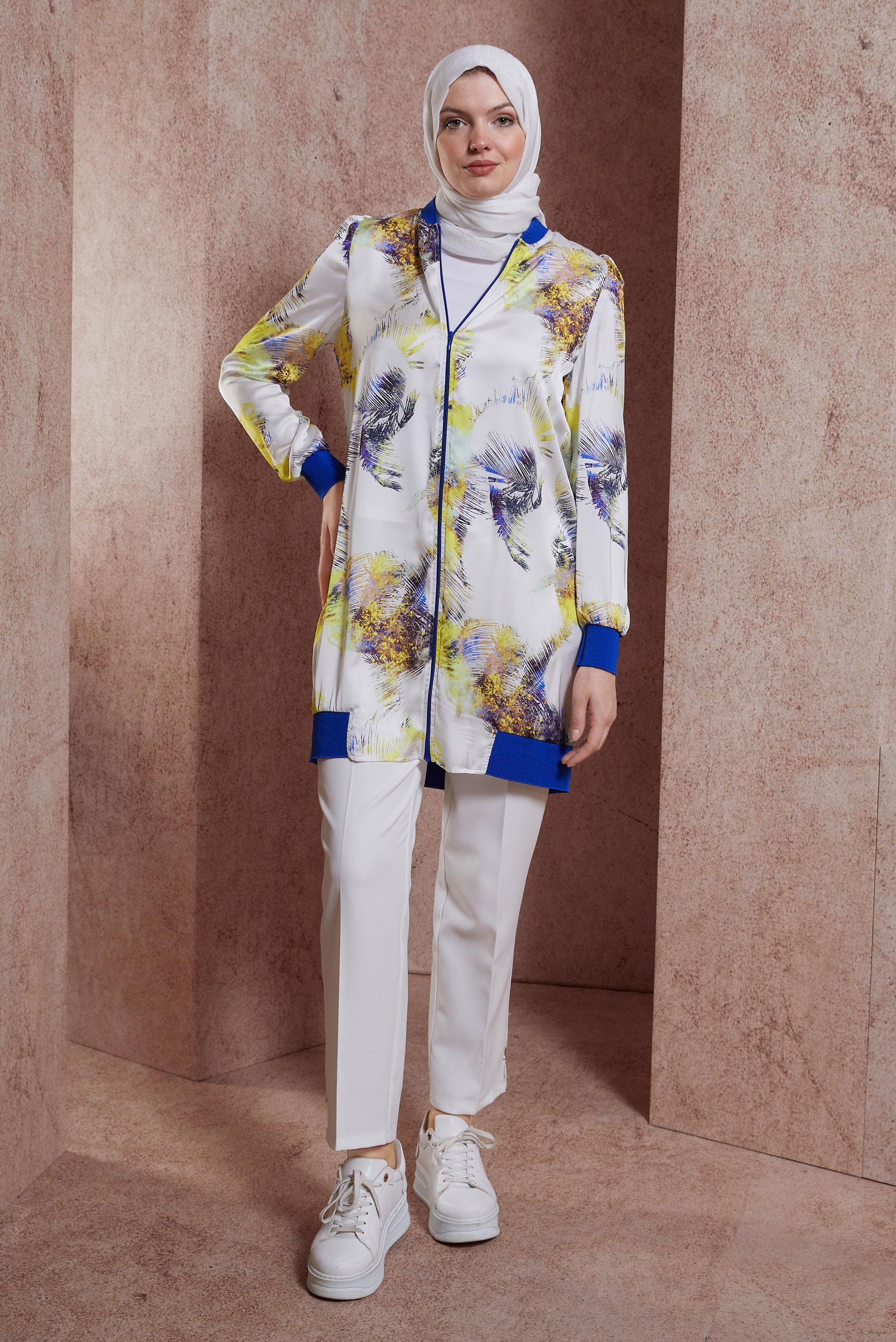 Tesettür giyim SARI DESENLİ ŞİFON SATEN TUNİK 44571