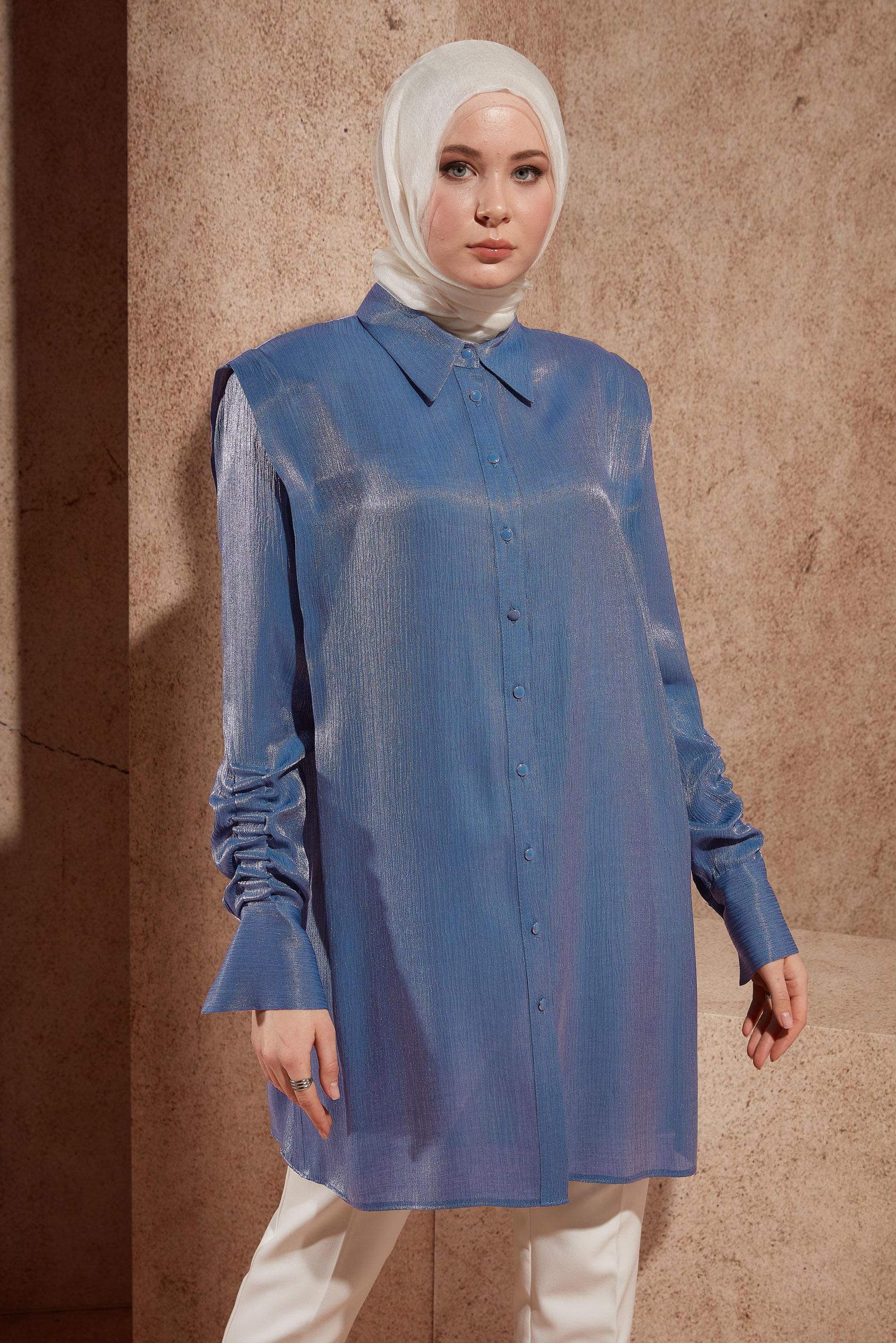 Tesettür giyim LACİVERT BÜZGÜ DETAYLI TUNİK 44580