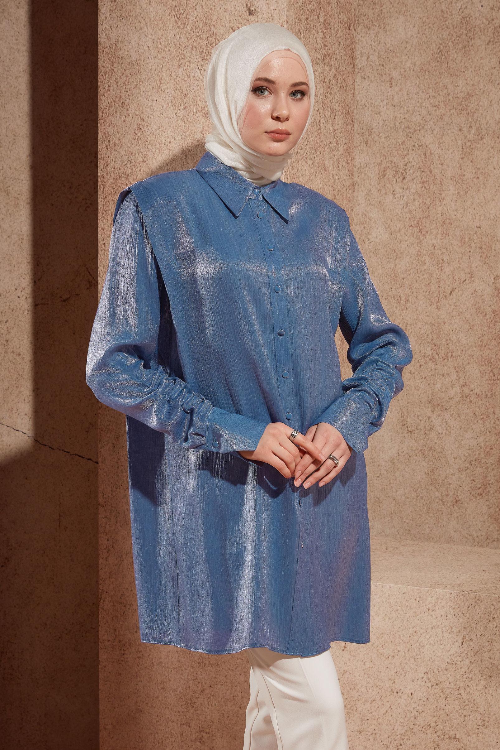 Tesettür giyim LACİVERT BÜZGÜ DETAYLI TUNİK 44580