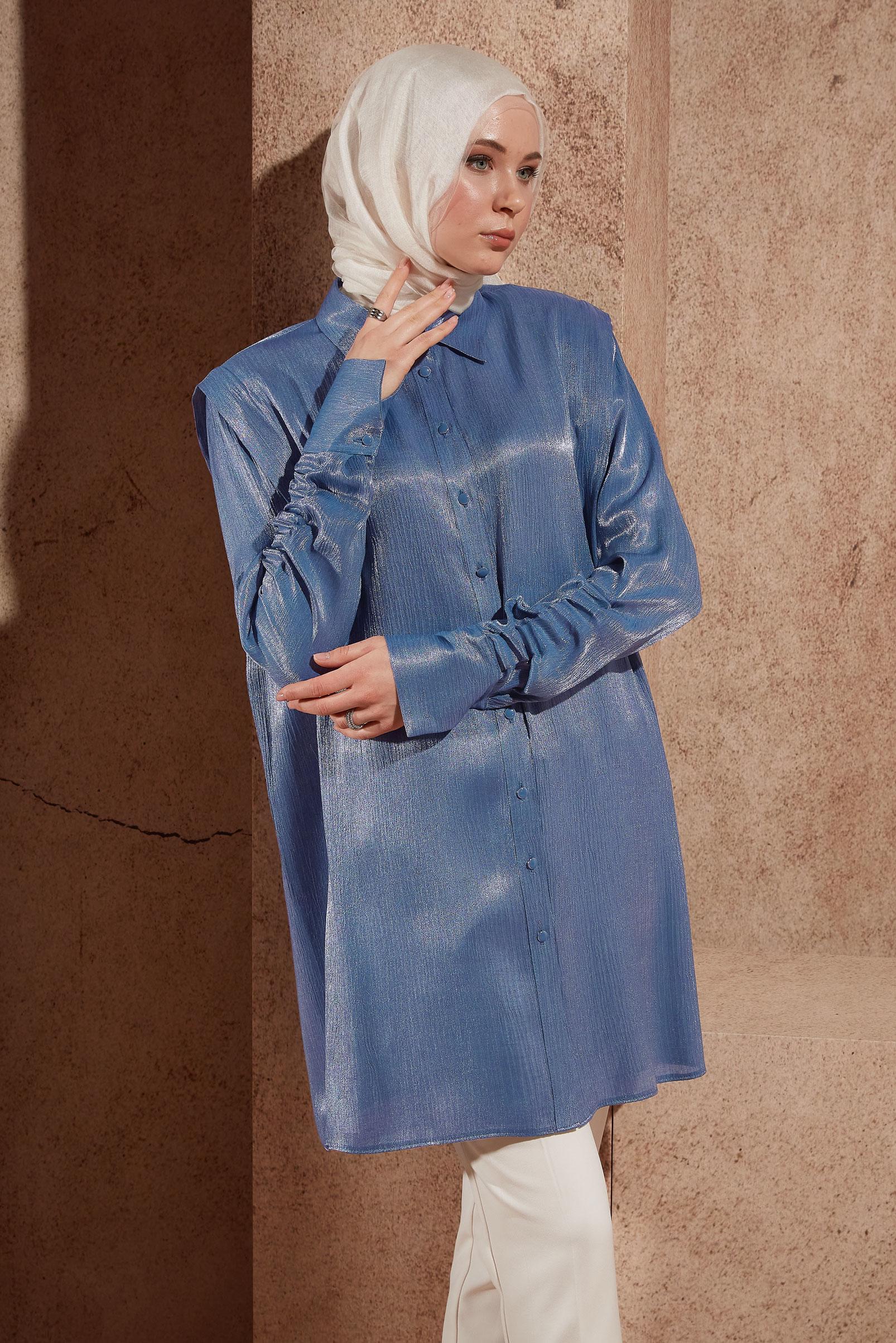 Tesettür giyim LACİVERT BÜZGÜ DETAYLI TUNİK 44580