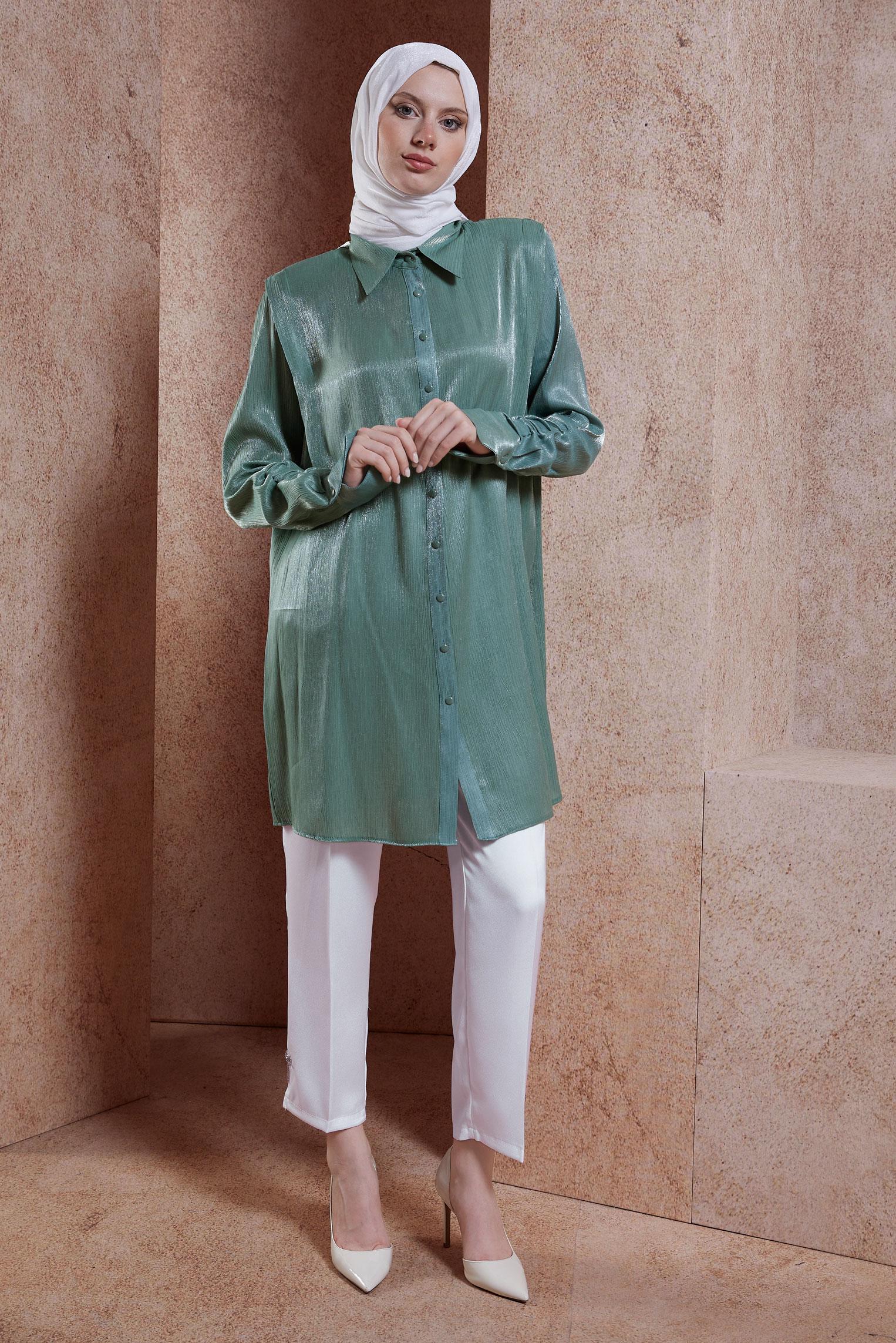 Vêtements hijab VERT TUNIQUE DÉTAILLÉE FUMER 44580