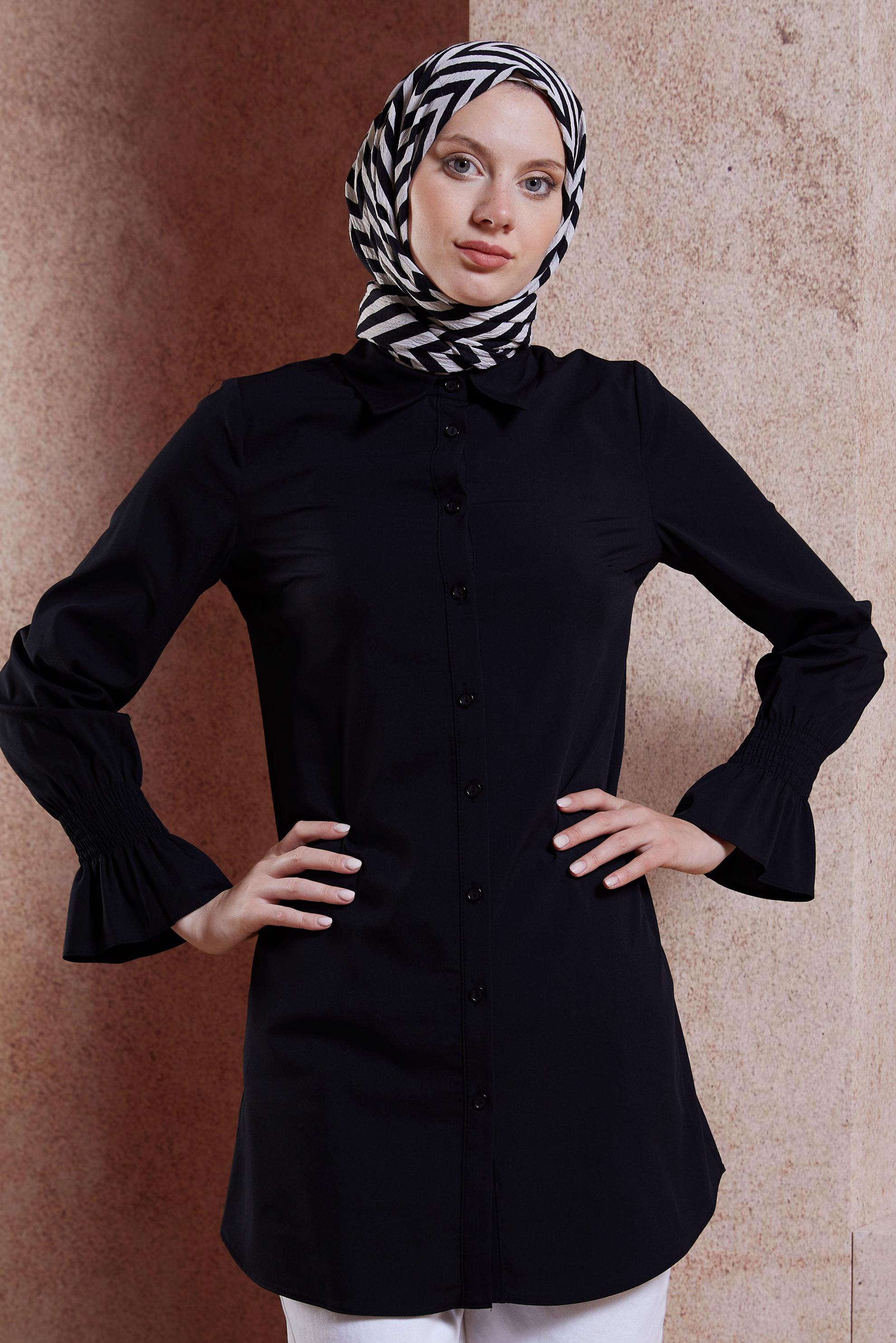 Tesettür giyim SİYAH GÖMLEK YAKA TESETTÜR TUNİK 44581