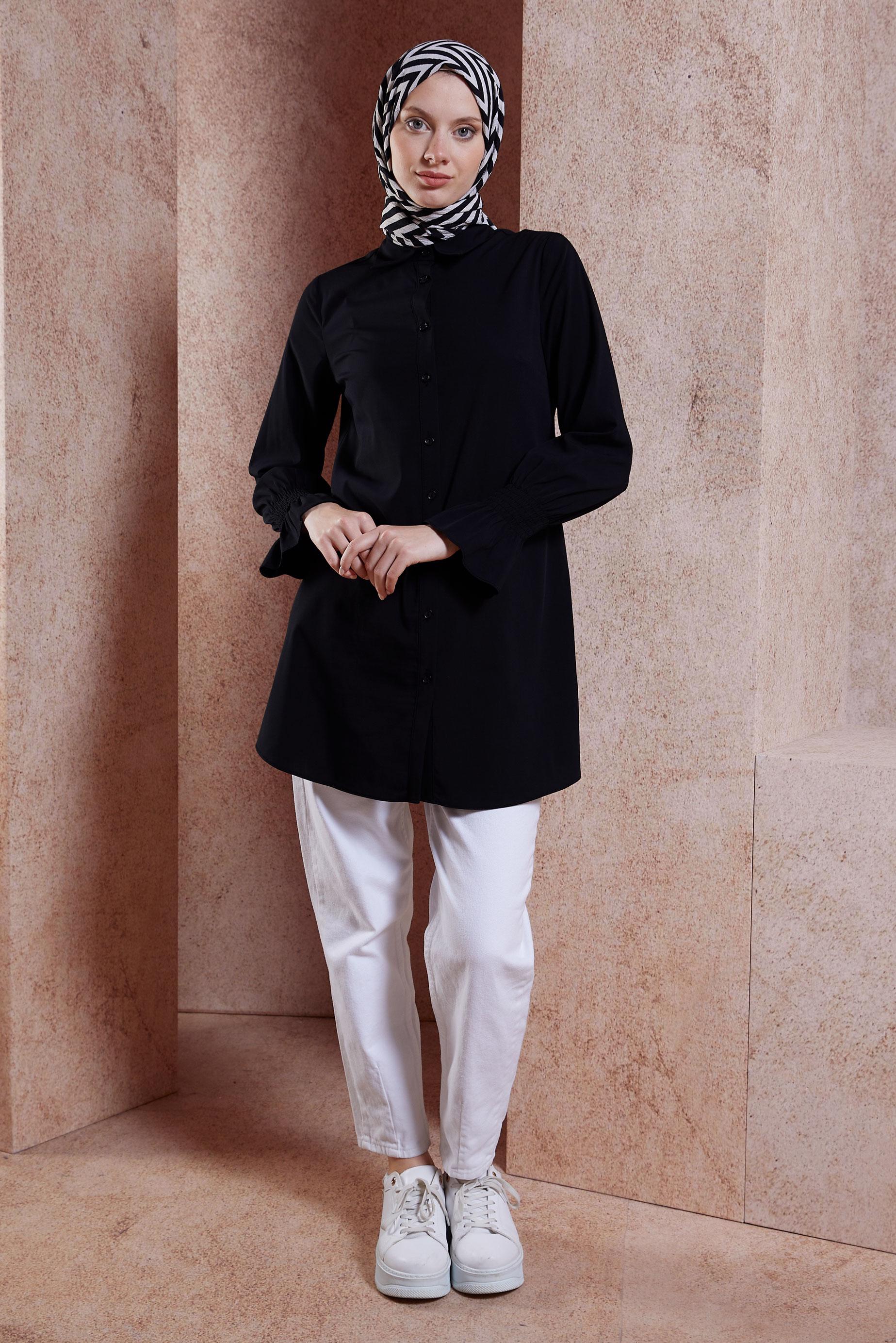 Tesettür giyim SİYAH GÖMLEK YAKA TESETTÜR TUNİK 44581