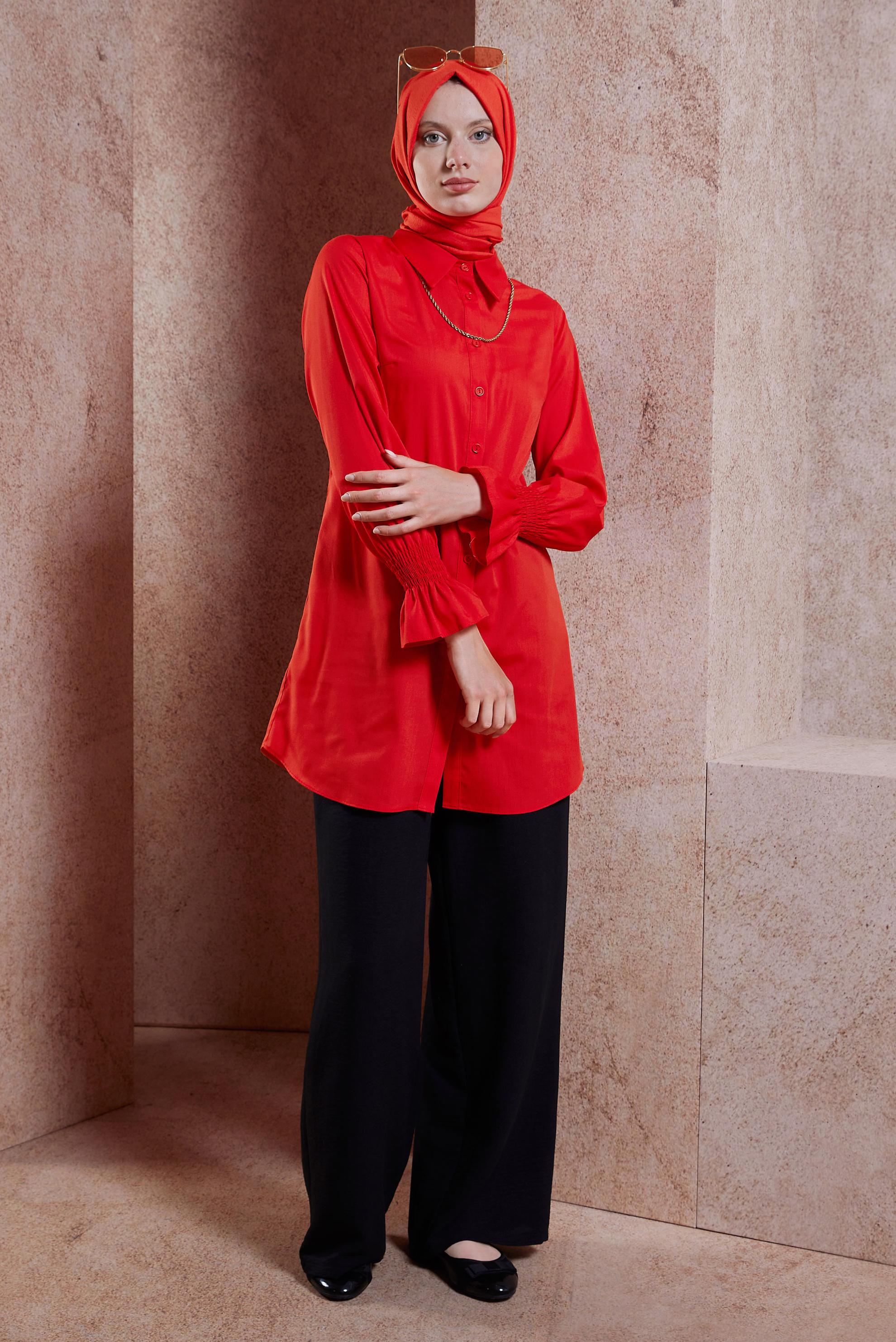 Tesettür giyim KIRMIZI GÖMLEK YAKA TESETTÜR TUNİK 44581