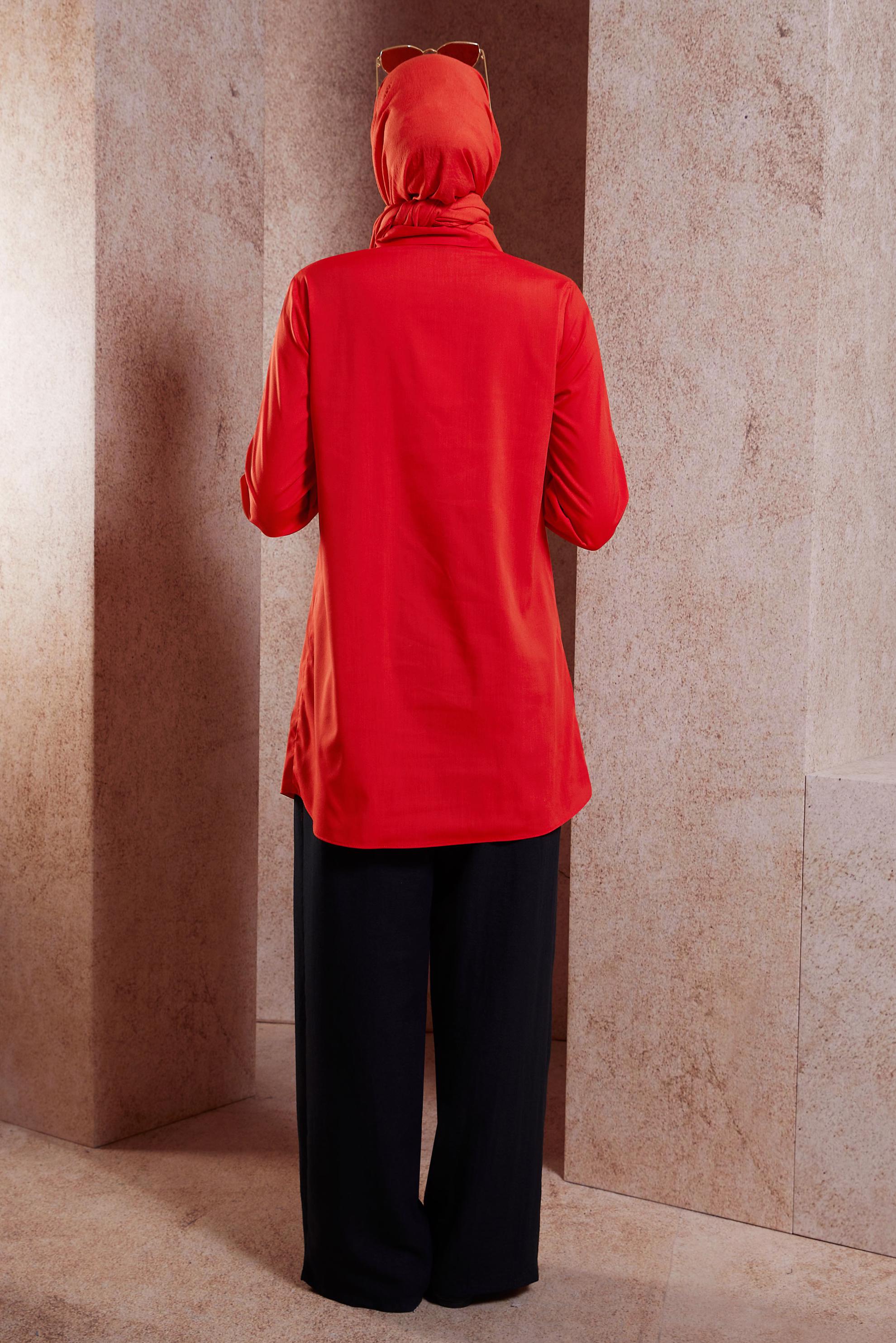 Tesettür giyim KIRMIZI GÖMLEK YAKA TESETTÜR TUNİK 44581