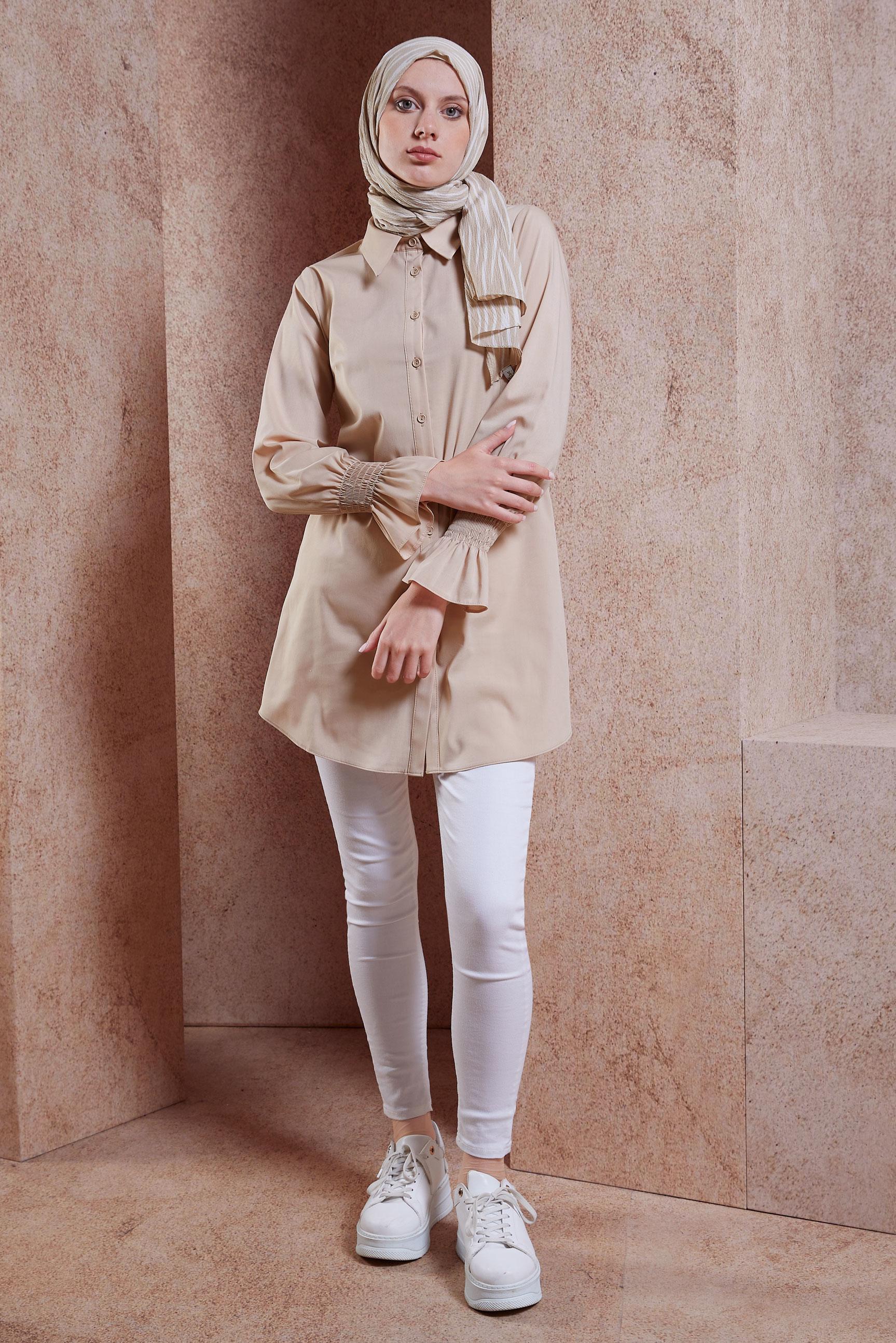 Tesettür giyim BEJ GÖMLEK YAKA TESETTÜR TUNİK 44581