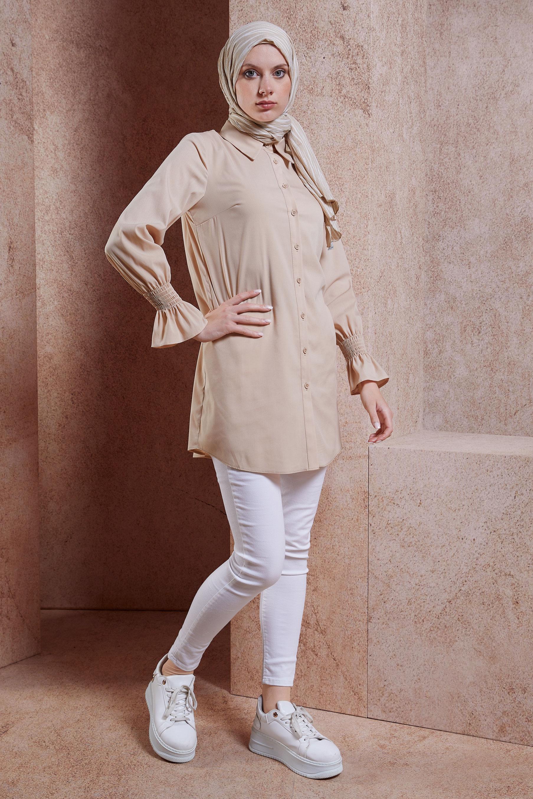 Tesettür giyim BEJ GÖMLEK YAKA TESETTÜR TUNİK 44581