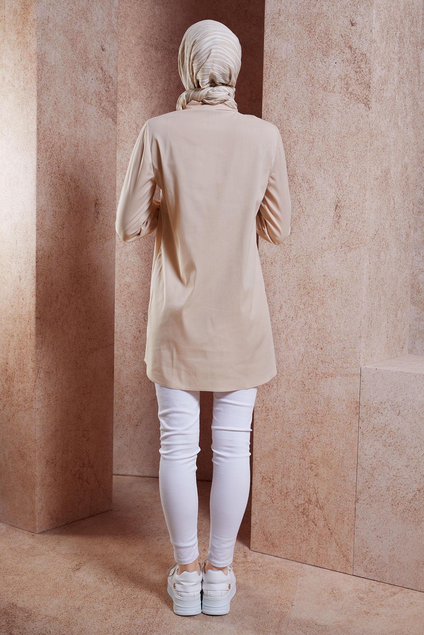 Tesettür giyim BEJ GÖMLEK YAKA TESETTÜR TUNİK 44581