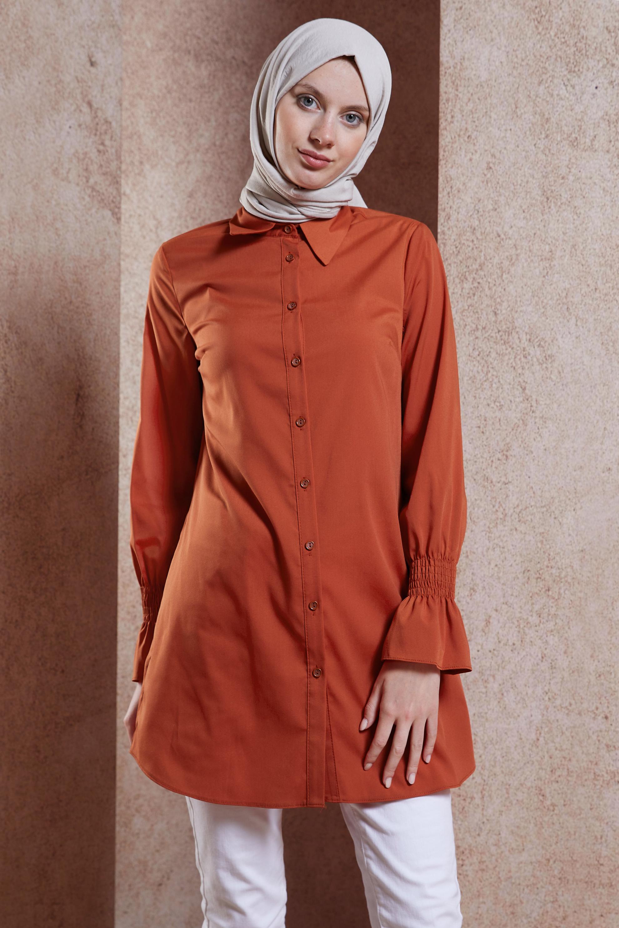 Tesettür giyim TURUNCU GÖMLEK YAKA TESETTÜR TUNİK 44581
