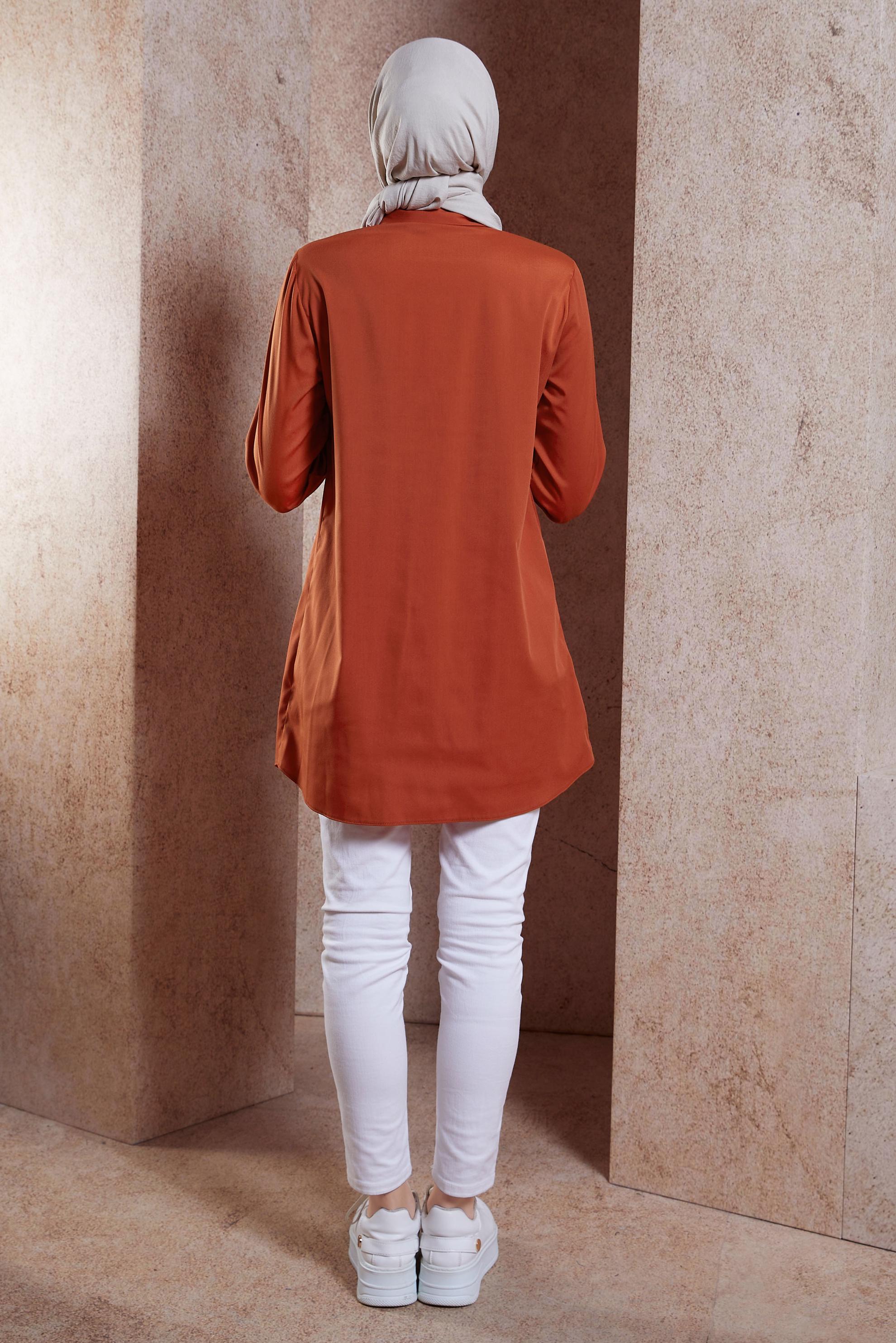 Tesettür giyim TURUNCU GÖMLEK YAKA TESETTÜR TUNİK 44581