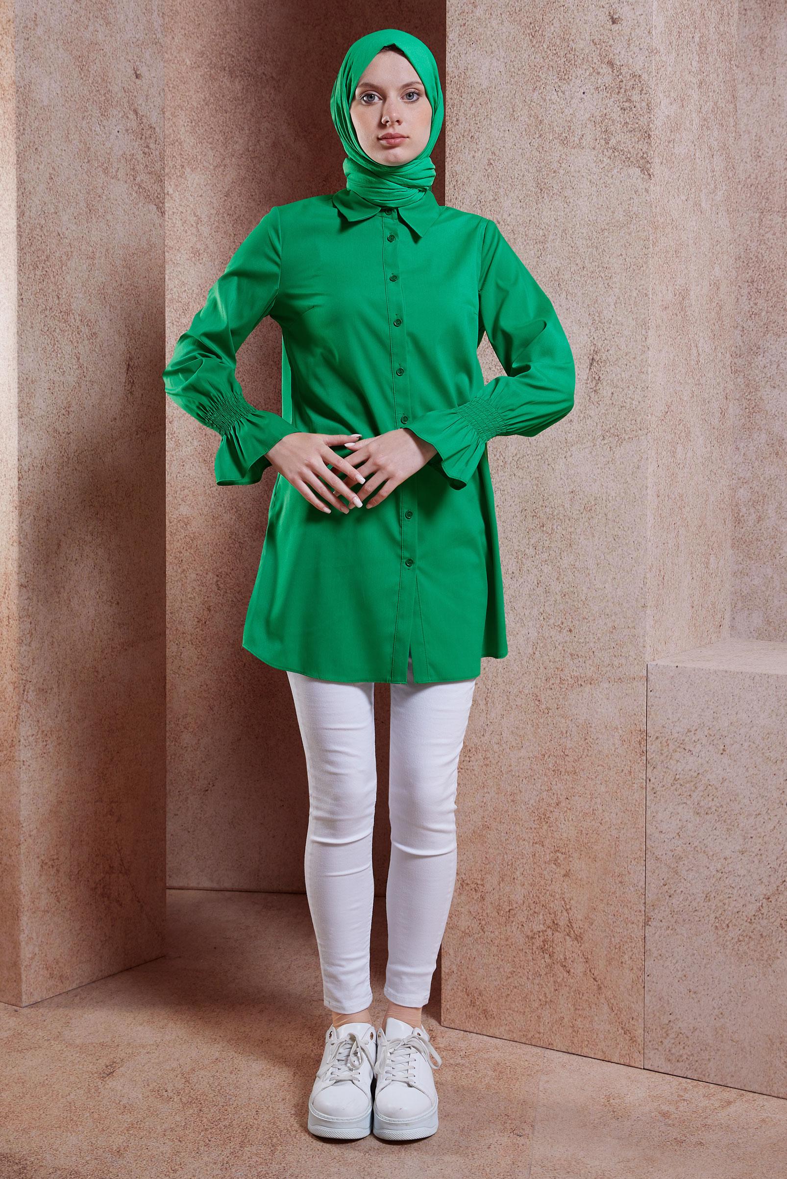Tesettür giyim YEŞİL GÖMLEK YAKA TESETTÜR TUNİK 44581