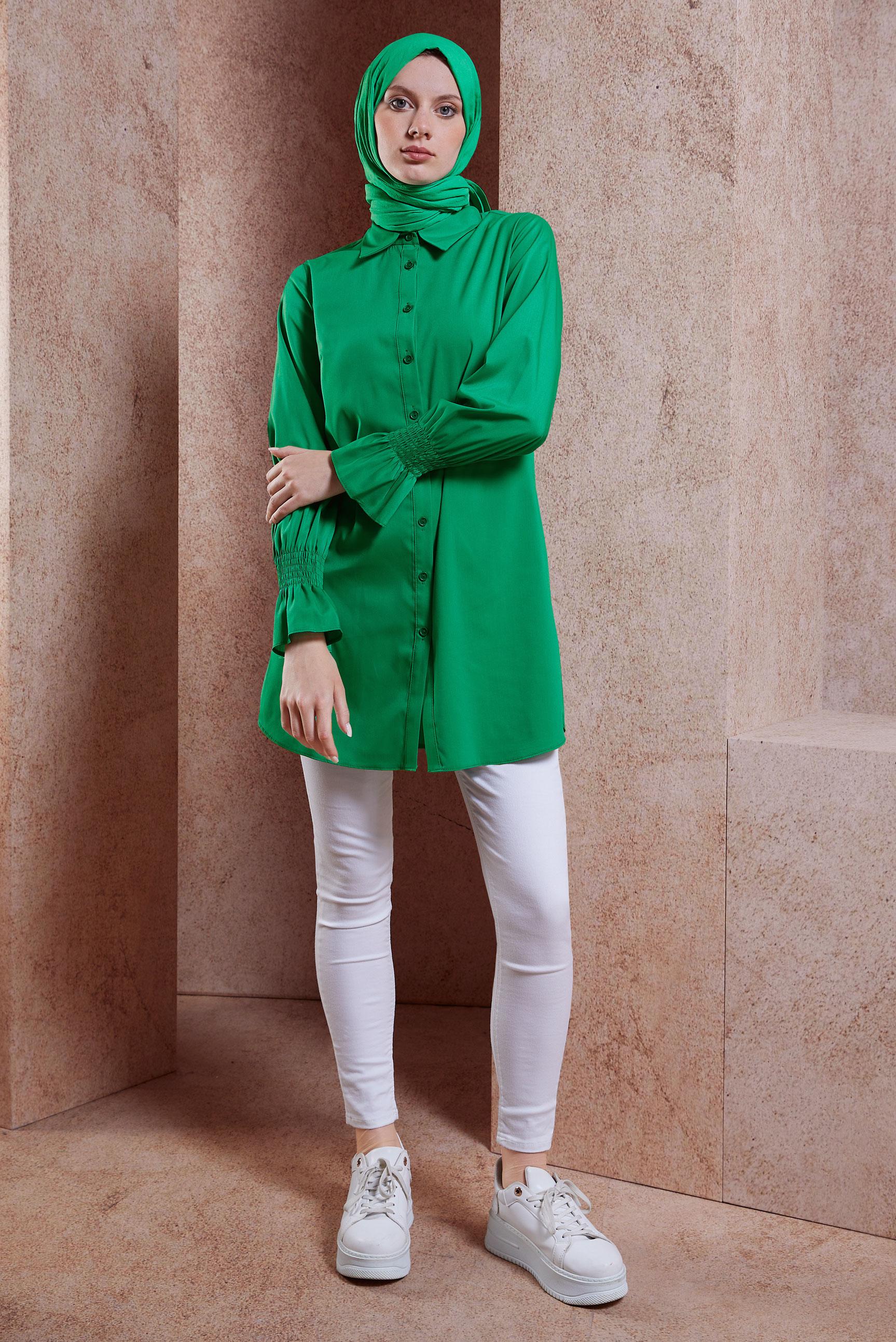 Tesettür giyim YEŞİL GÖMLEK YAKA TESETTÜR TUNİK 44581