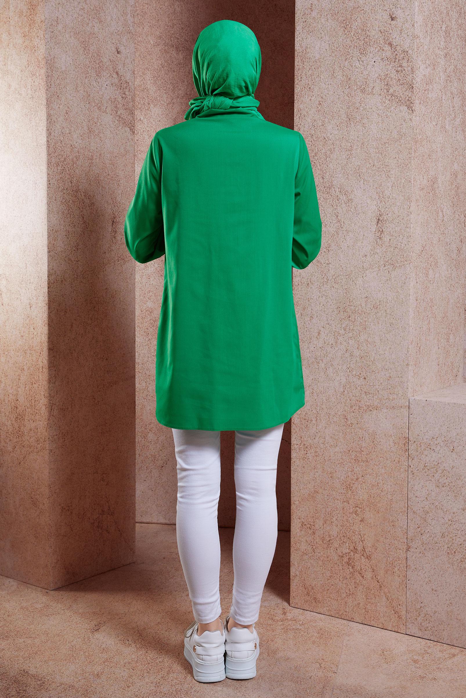 Tesettür giyim YEŞİL GÖMLEK YAKA TESETTÜR TUNİK 44581