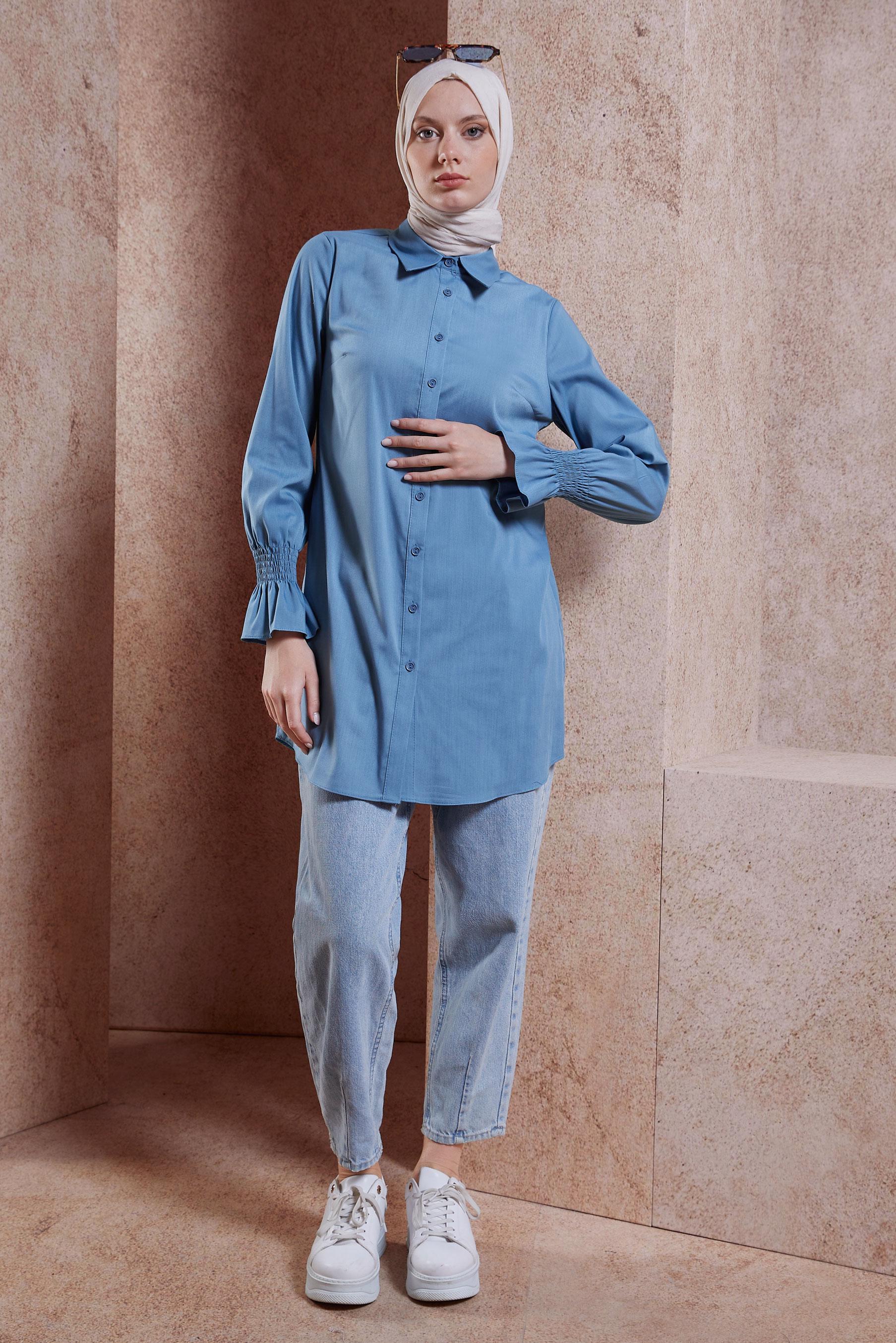 Tesettür giyim LACİVERT GÖMLEK YAKA TESETTÜR TUNİK 44581