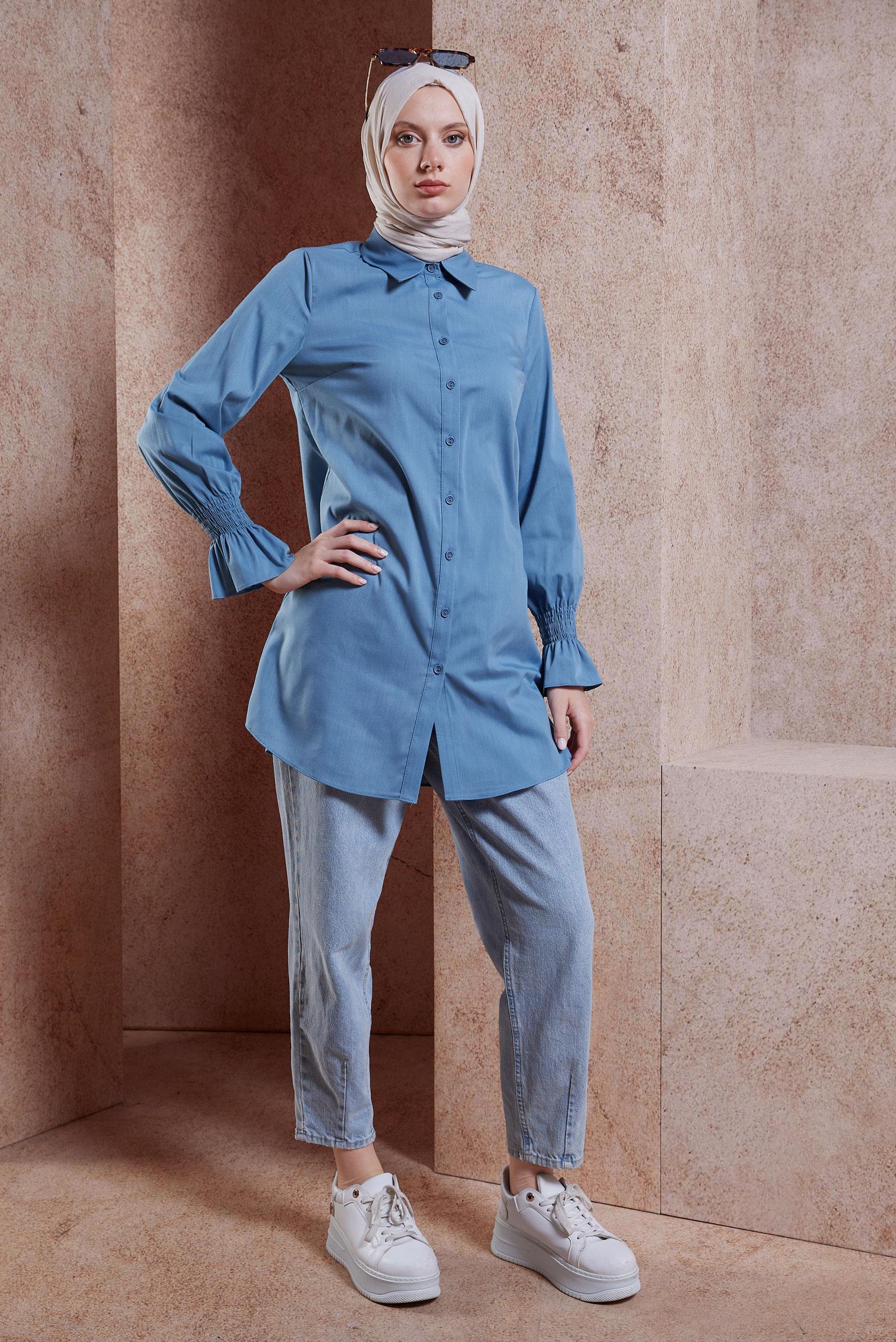 Tesettür giyim LACİVERT GÖMLEK YAKA TESETTÜR TUNİK 44581