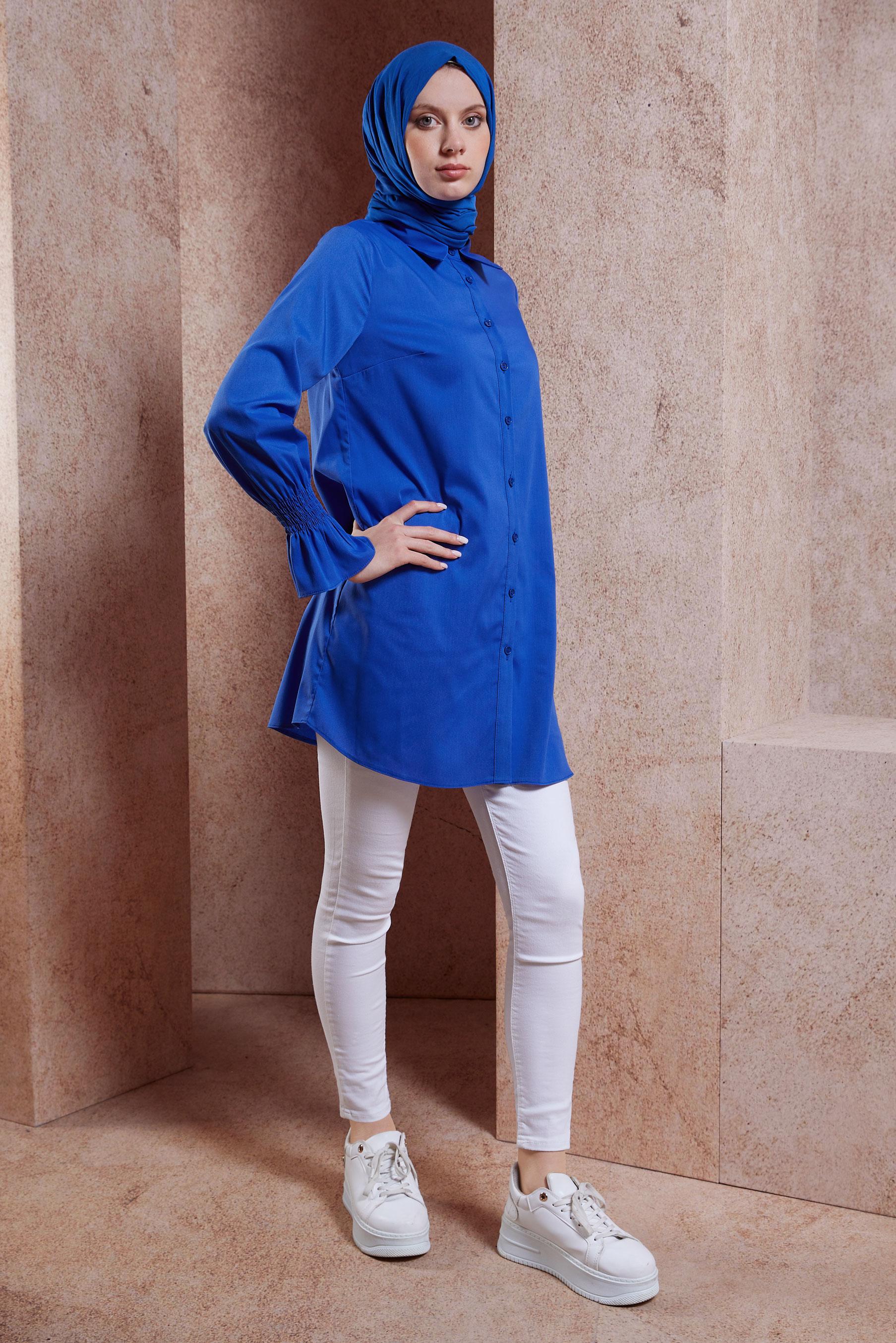 Tesettür giyim MAVİ GÖMLEK YAKA TESETTÜR TUNİK 44581