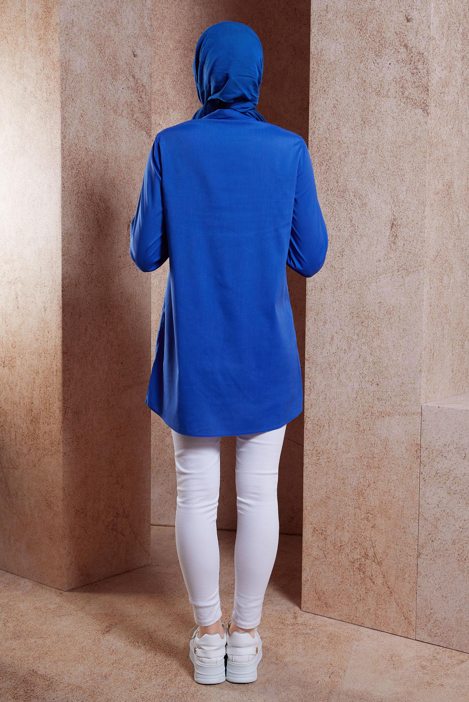 Tesettür giyim MAVİ GÖMLEK YAKA TESETTÜR TUNİK 44581