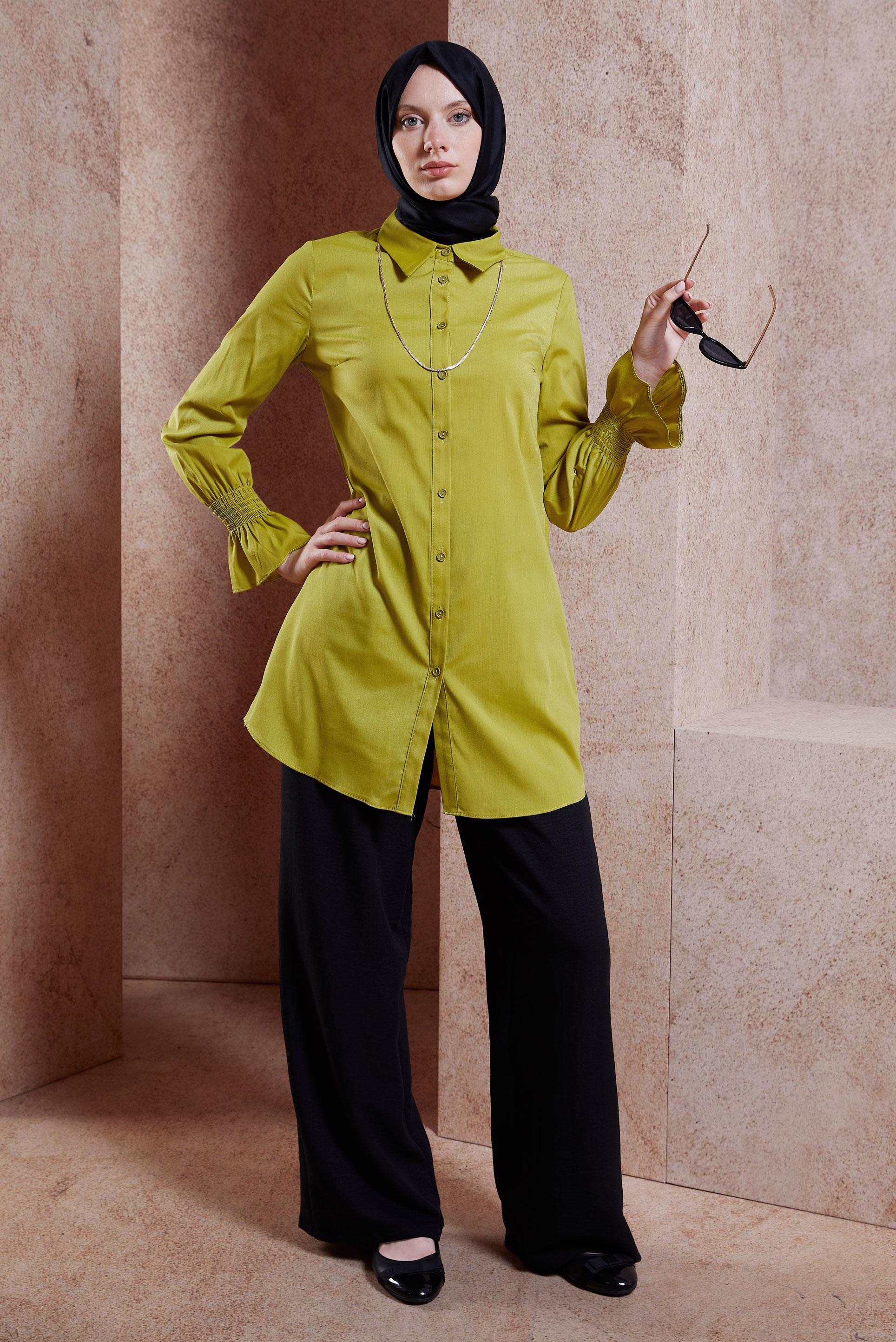 Tesettür giyim YEŞİL GÖMLEK YAKA TESETTÜR TUNİK 44581