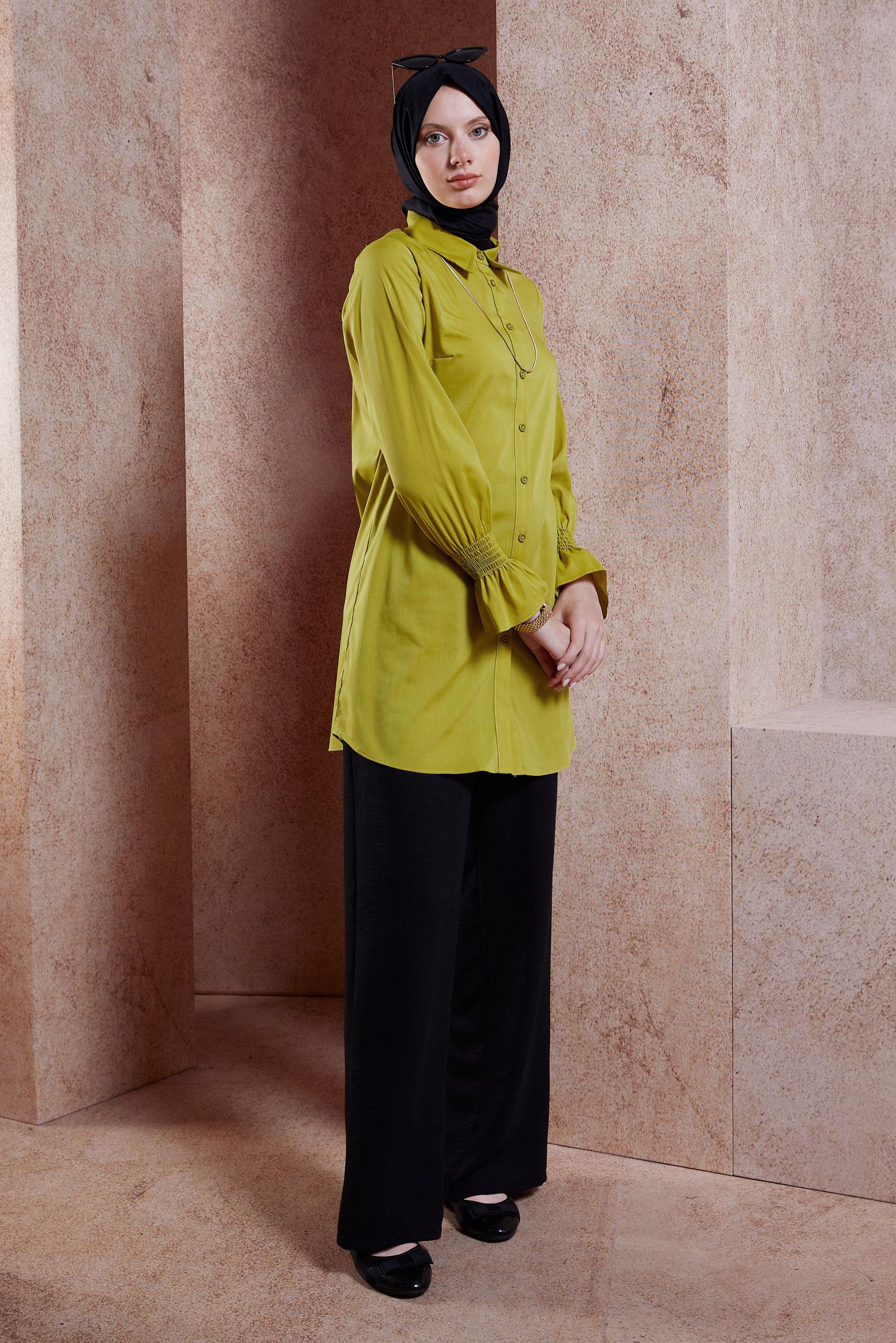 Tesettür giyim YEŞİL GÖMLEK YAKA TESETTÜR TUNİK 44581