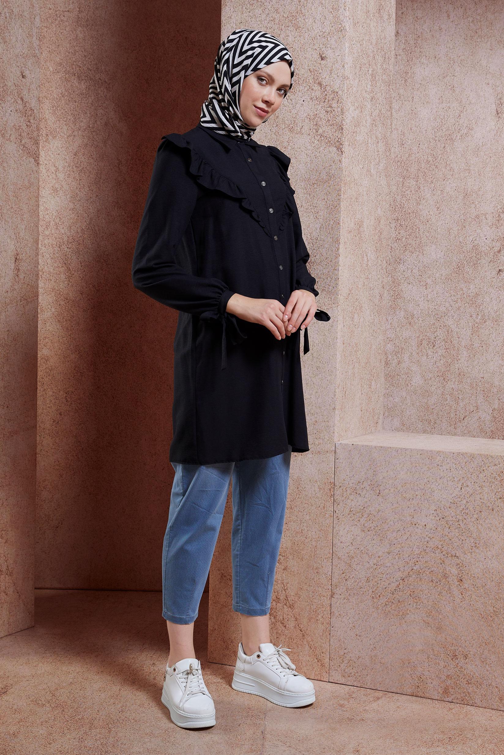 Tesettür giyim SİYAH FIRFIR DETAYLI TUNİK 44585