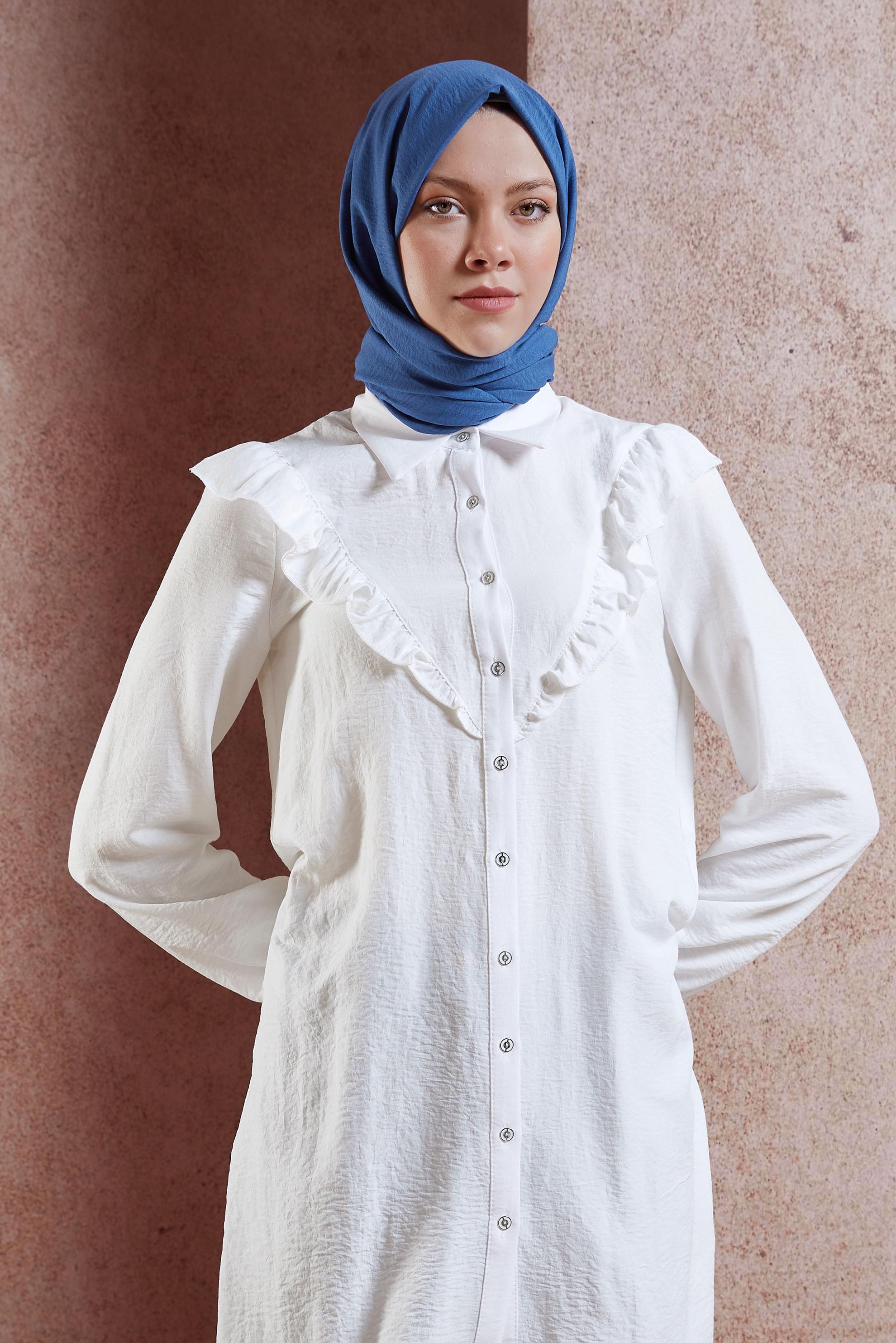 Tesettür giyim BEYAZ FIRFIR DETAYLI TUNİK 44585