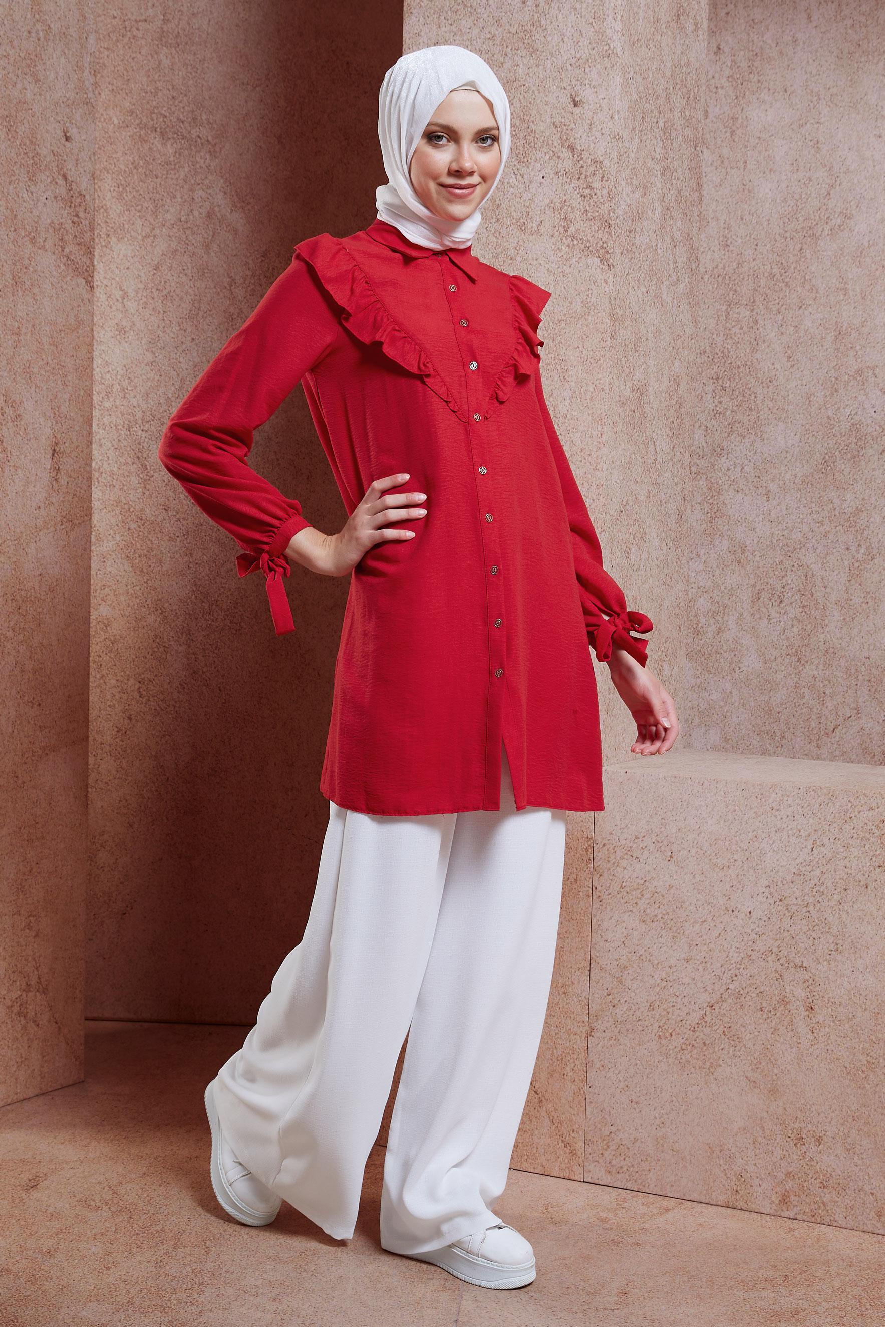 Tesettür giyim KIRMIZI FIRFIR DETAYLI TUNİK 44585