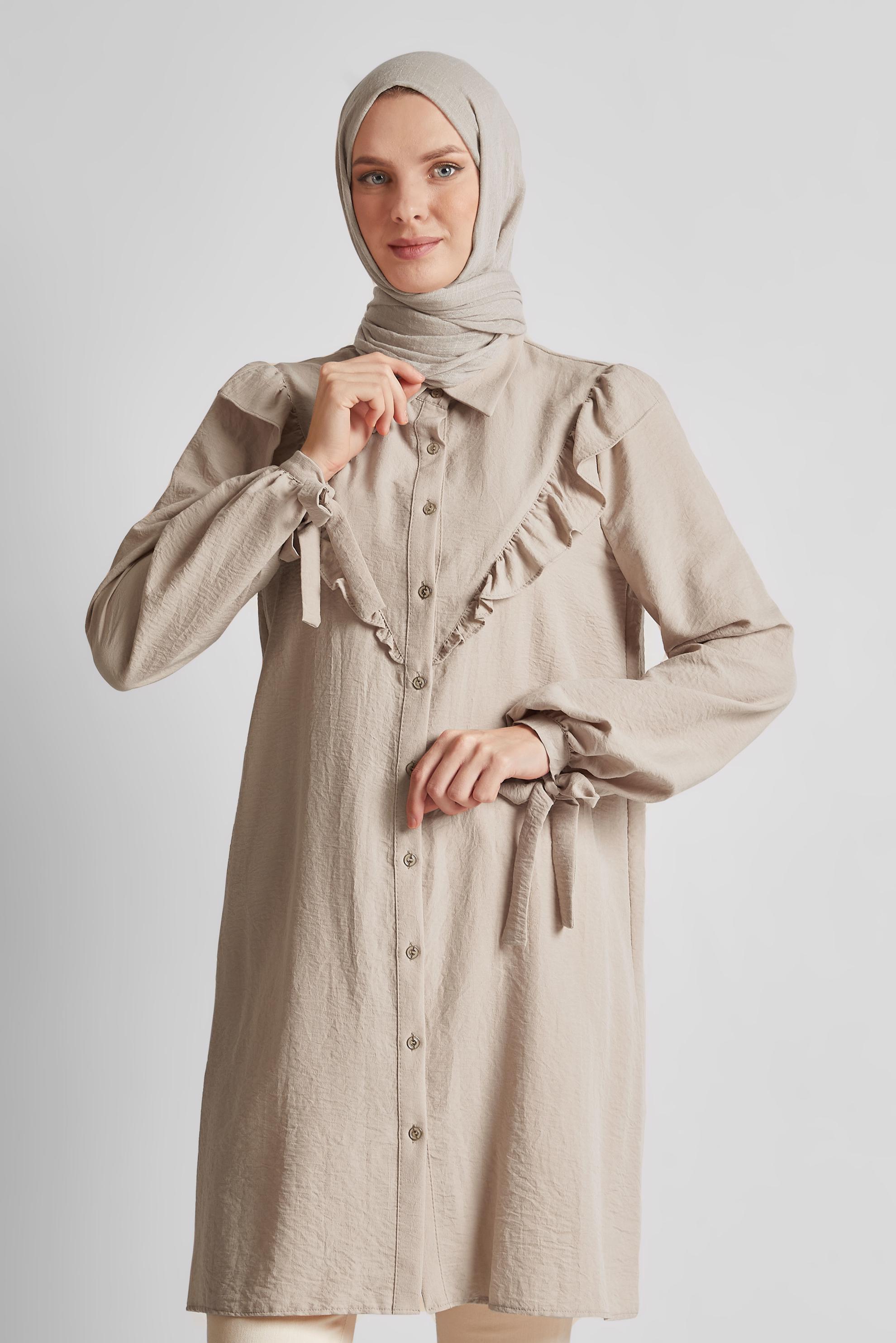 Tesettür giyim BEJ FIRFIR DETAYLI TUNİK 44585