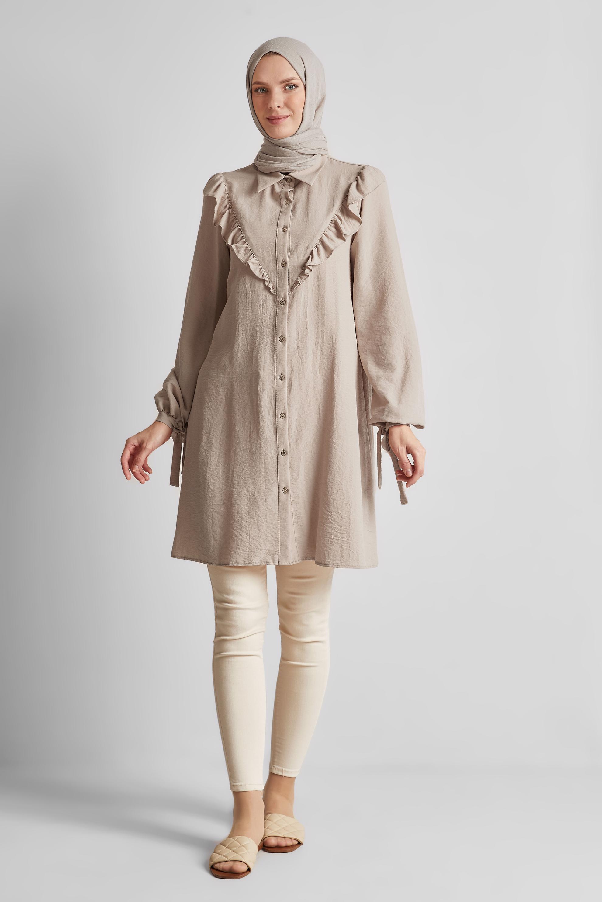 Tesettür giyim BEJ FIRFIR DETAYLI TUNİK 44585