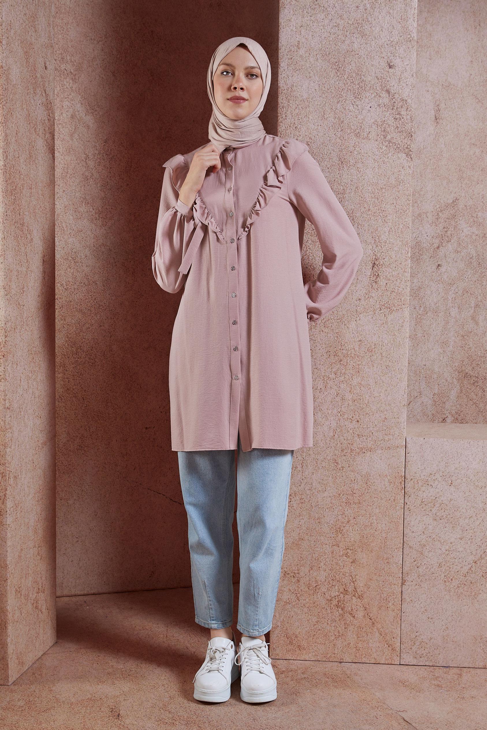 Tesettür giyim PUDRA FIRFIR DETAYLI TUNİK 44585