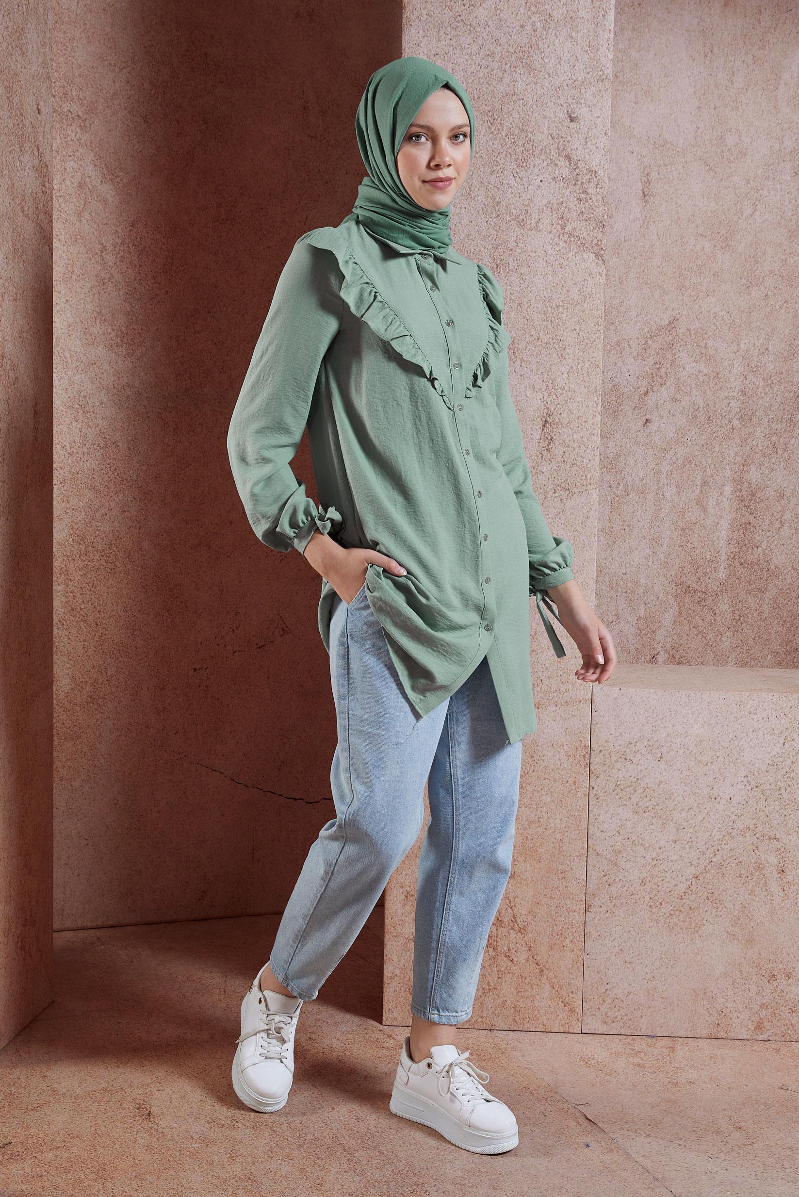 Tesettür giyim MAVİ FIRFIR DETAYLI TUNİK 44585