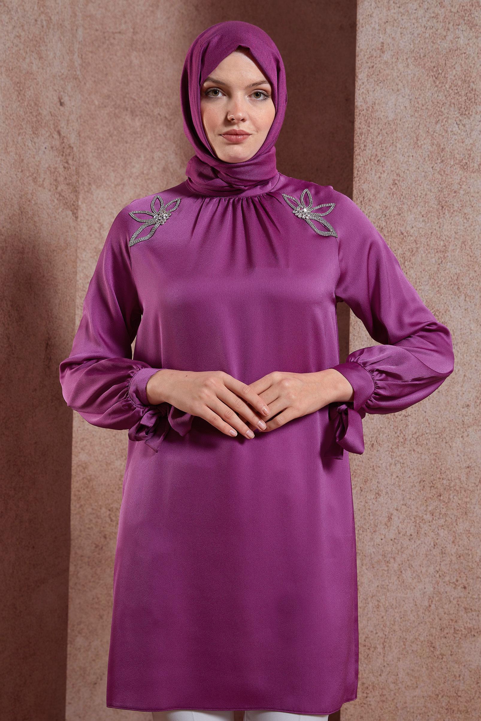 Tesettür giyim FUŞYA TAŞ BASKILI SATEN TUNİK 44586