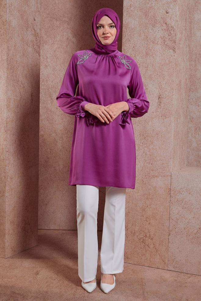 Tesettür giyim FUŞYA TAŞ BASKILI SATEN TUNİK 44586 - ALVİNA