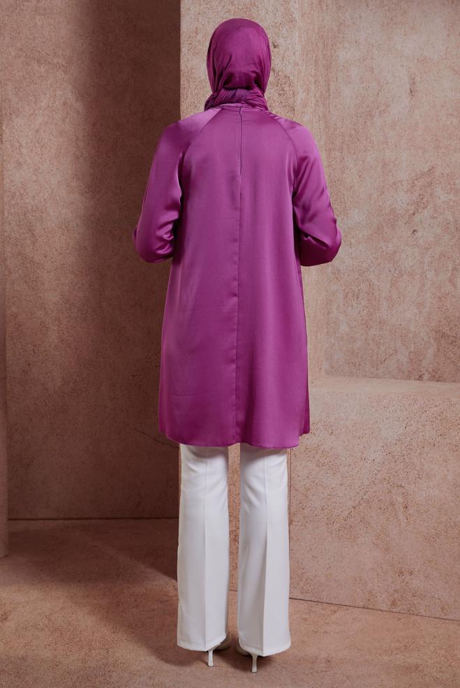 Tesettür giyim FUŞYA TAŞ BASKILI SATEN TUNİK 44586 - ALVİNA