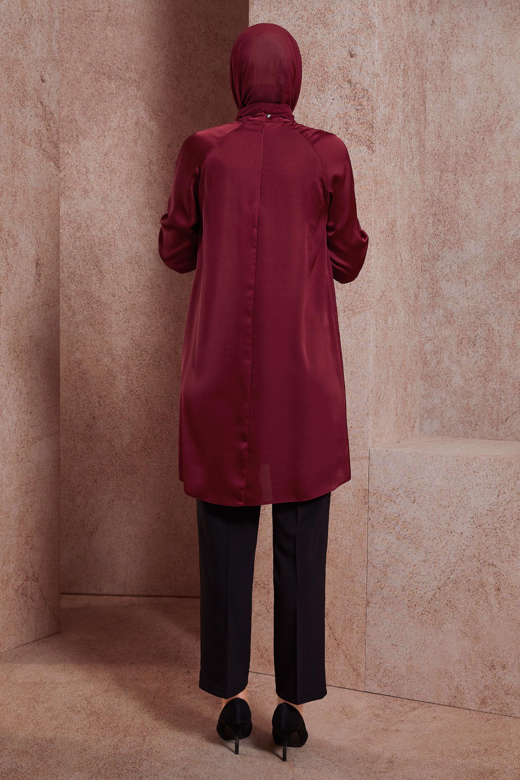 Tesettür giyim BORDO TAŞ BASKILI SATEN TUNİK 44586