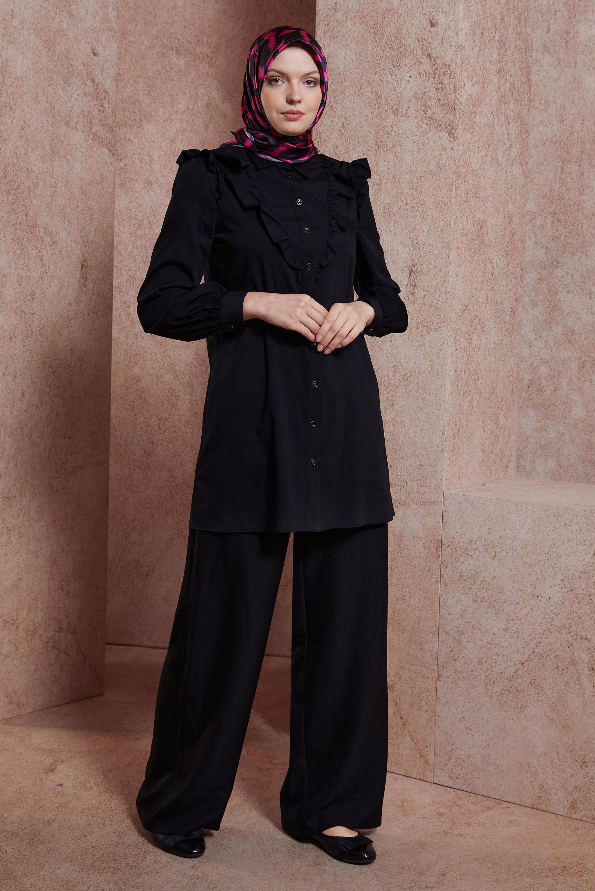 Tesettür giyim SİYAH FIRFIR DETAYLI GÖMLEK TUNİK 44589