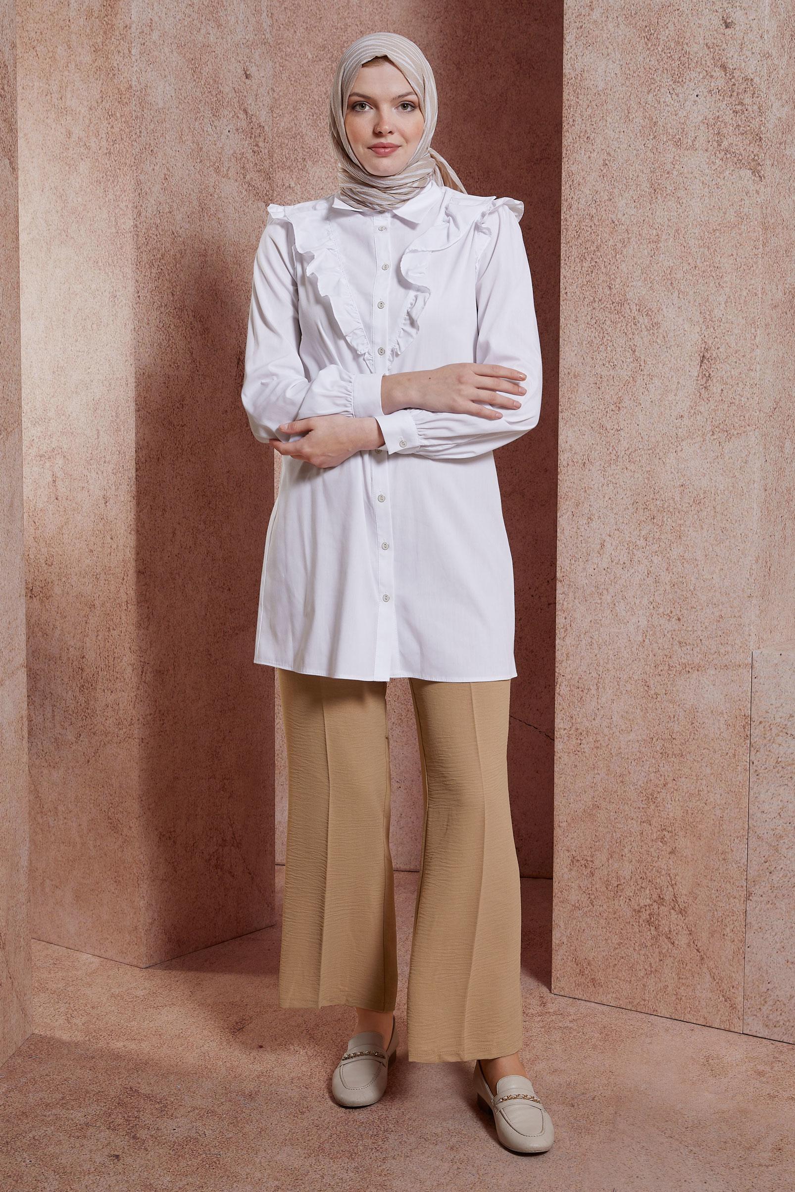 Tesettür giyim BEYAZ FIRFIR DETAYLI GÖMLEK TUNİK 44589