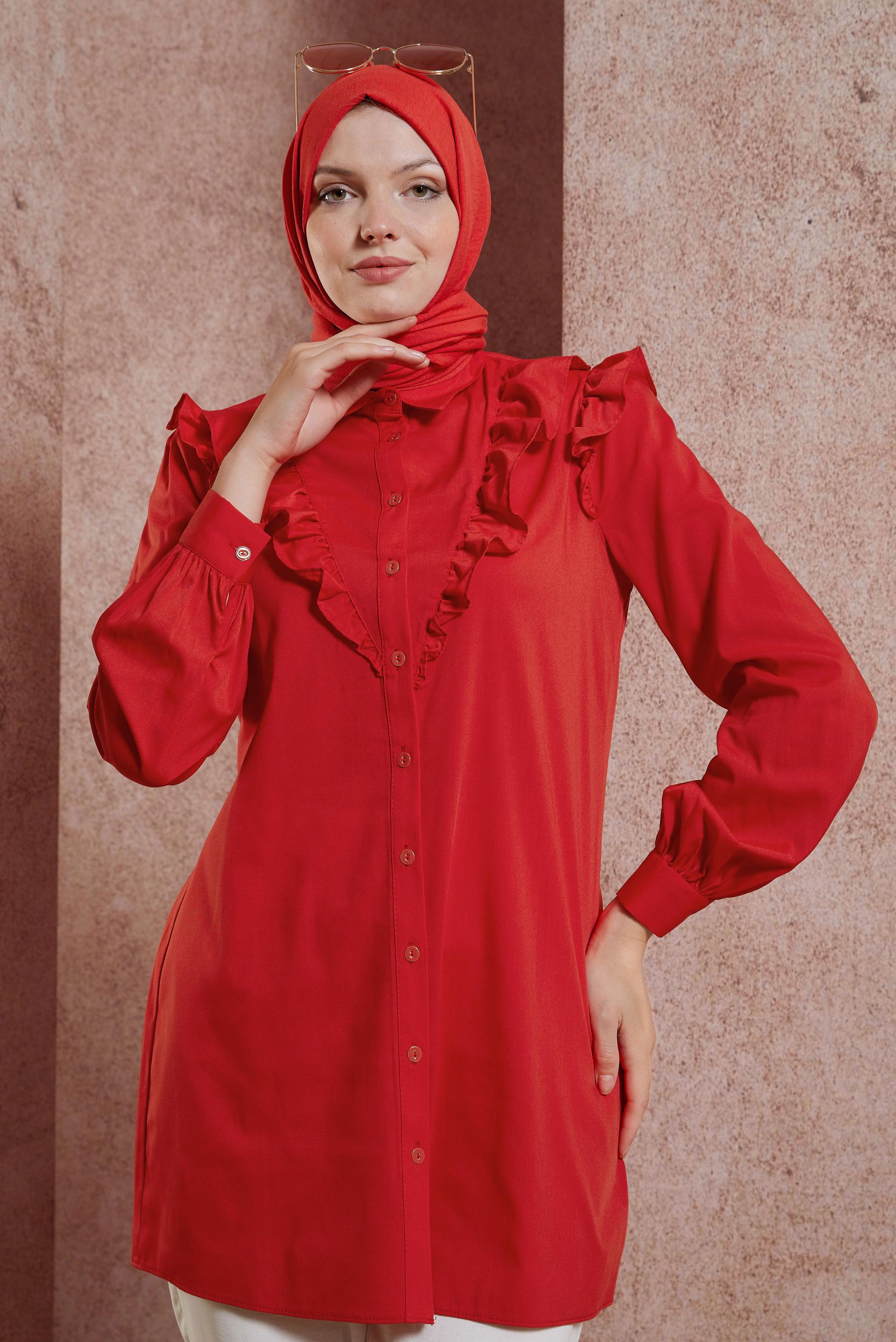 Tesettür giyim KIRMIZI FIRFIR DETAYLI GÖMLEK TUNİK 44589