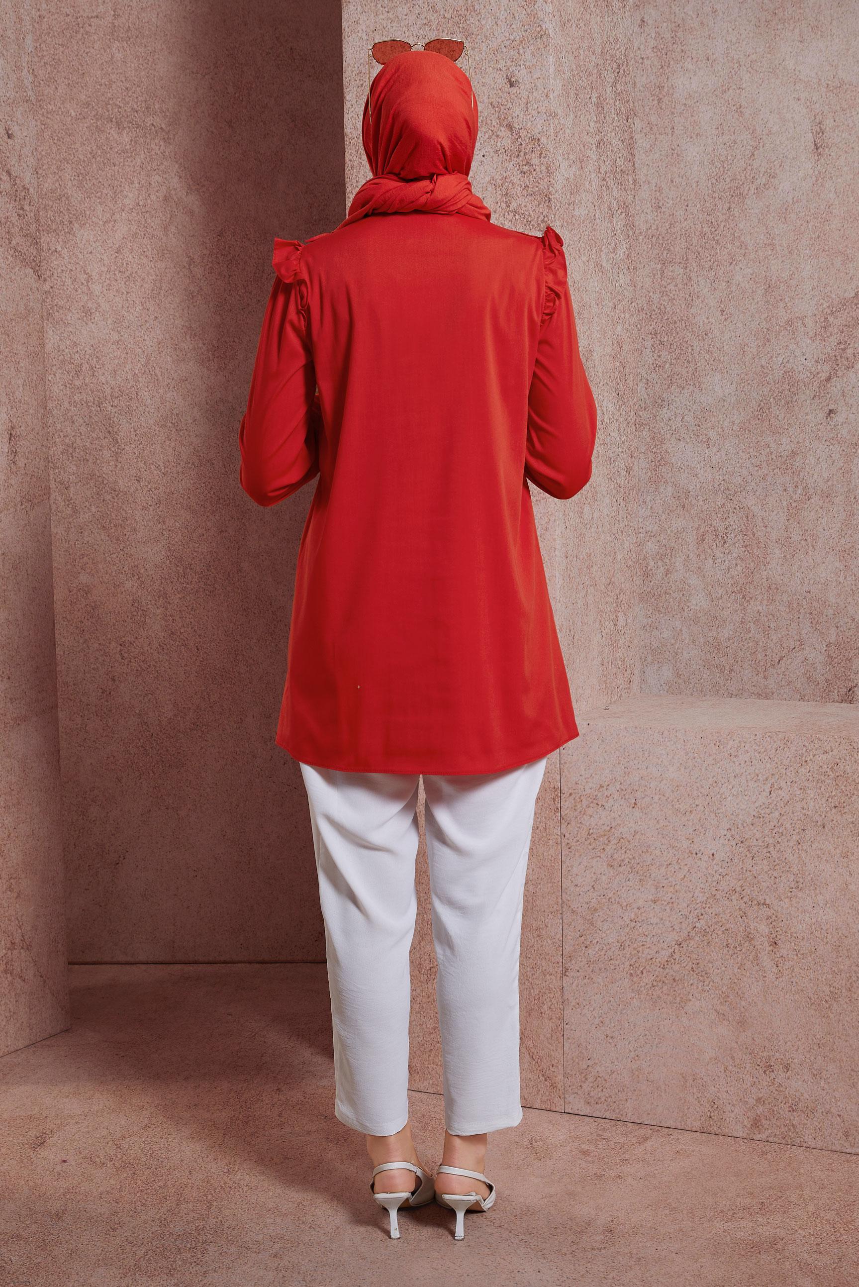 Tesettür giyim KIRMIZI FIRFIR DETAYLI GÖMLEK TUNİK 44589