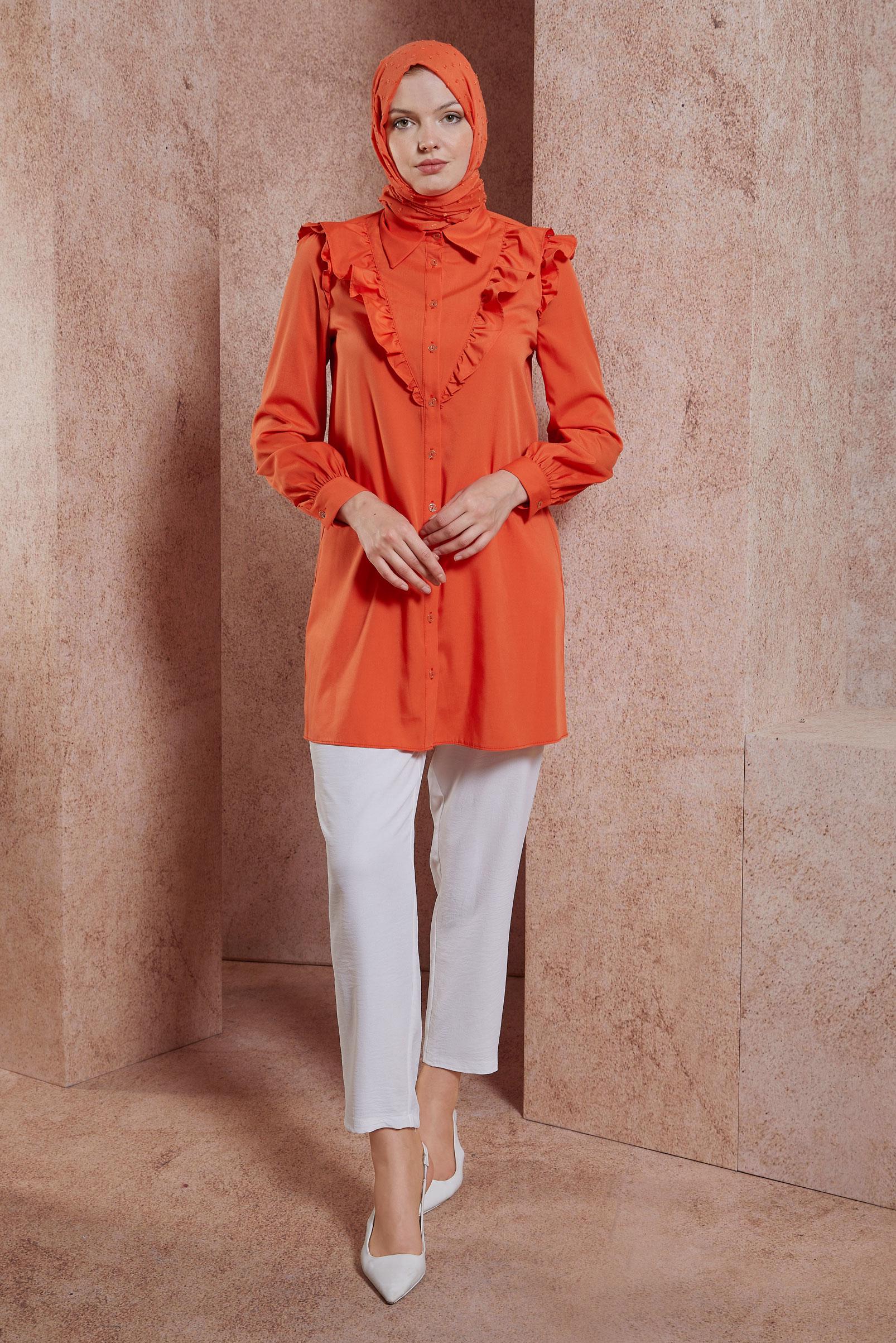 Tesettür giyim TURUNCU FIRFIR DETAYLI GÖMLEK TUNİK 44589