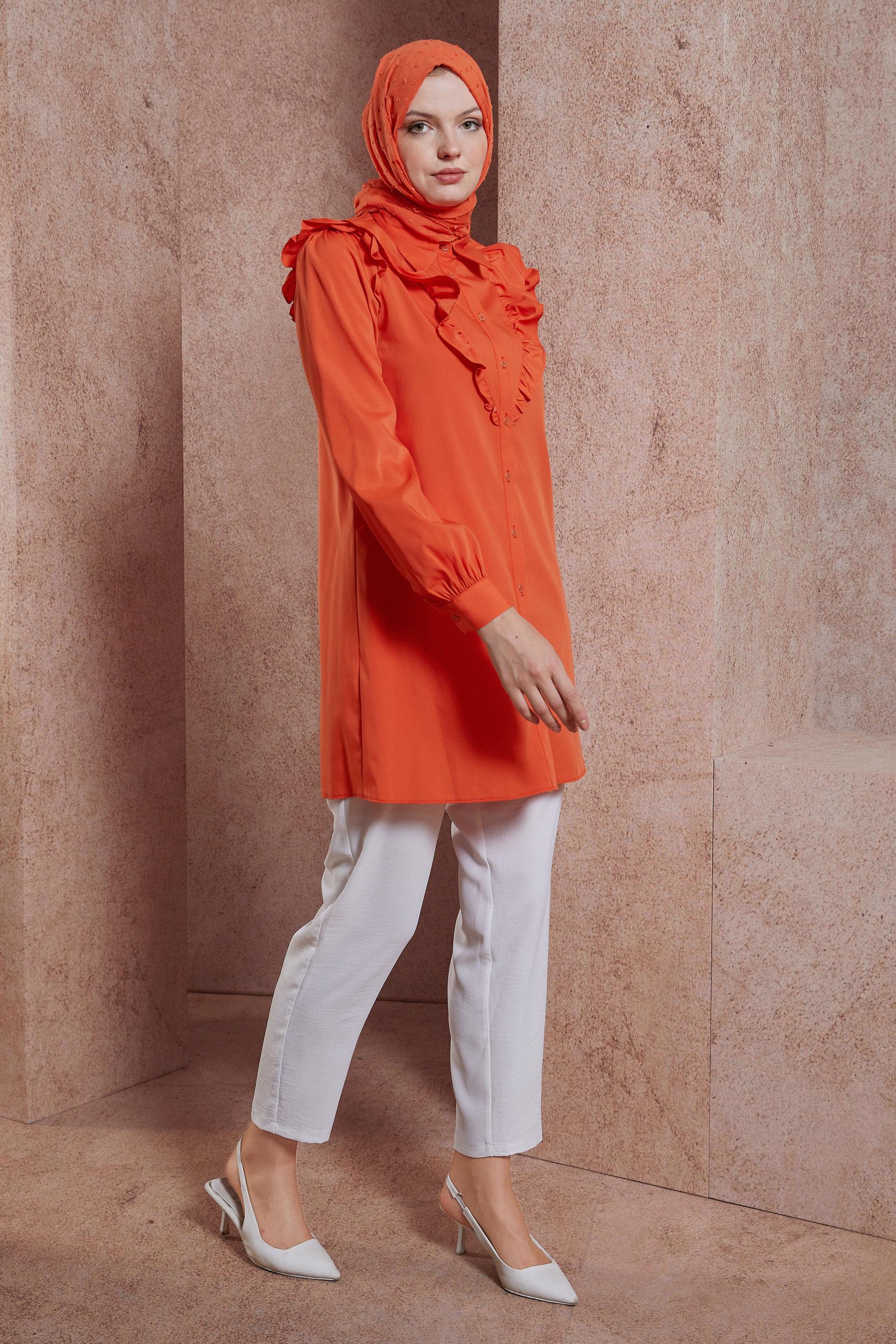 Tesettür giyim TURUNCU FIRFIR DETAYLI GÖMLEK TUNİK 44589