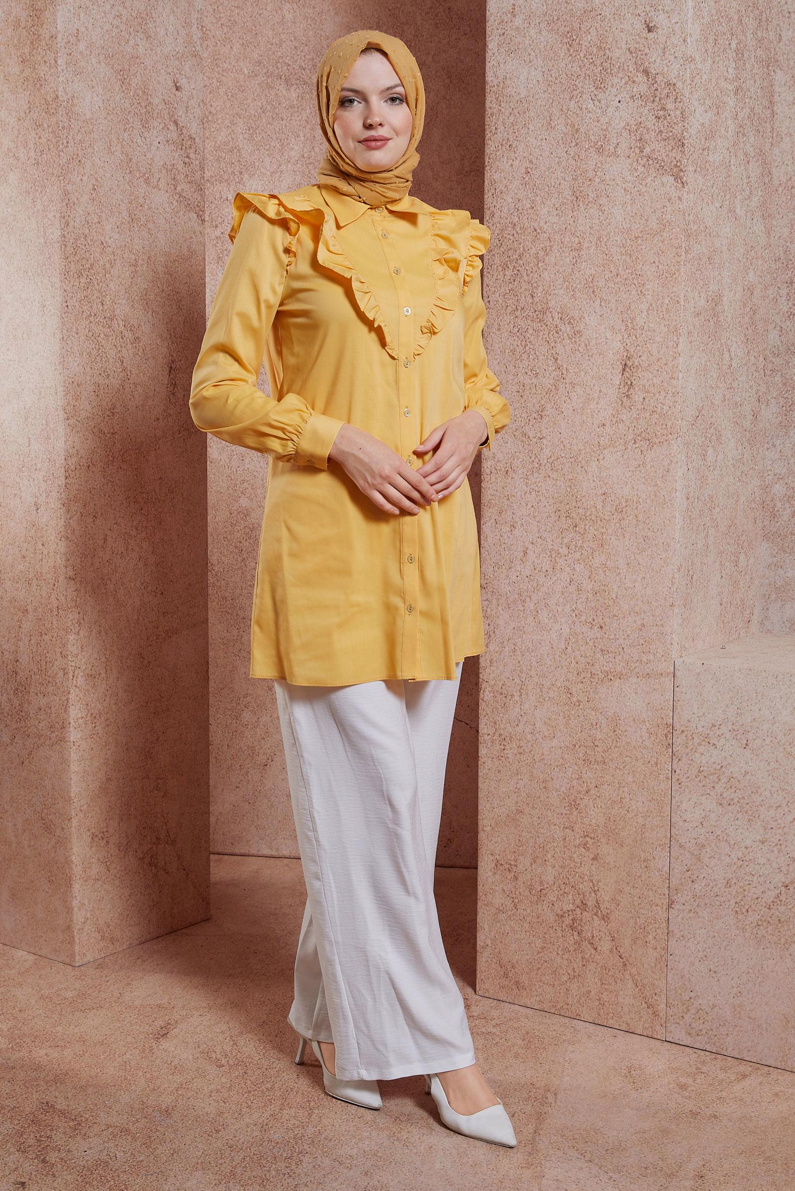 Tesettür giyim SARI FIRFIR DETAYLI GÖMLEK TUNİK 44589