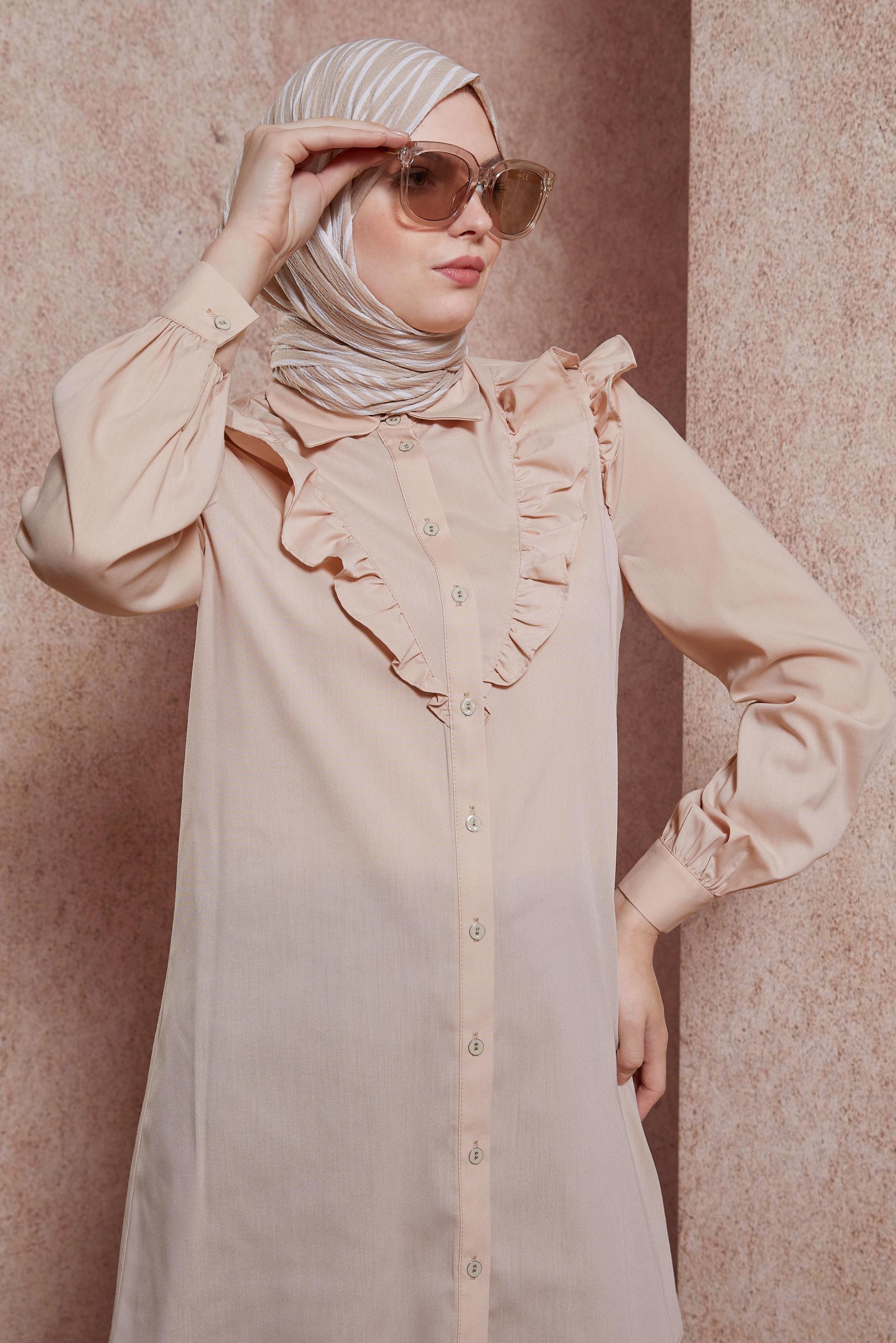 Tesettür giyim BEJ FIRFIR DETAYLI GÖMLEK TUNİK 44589