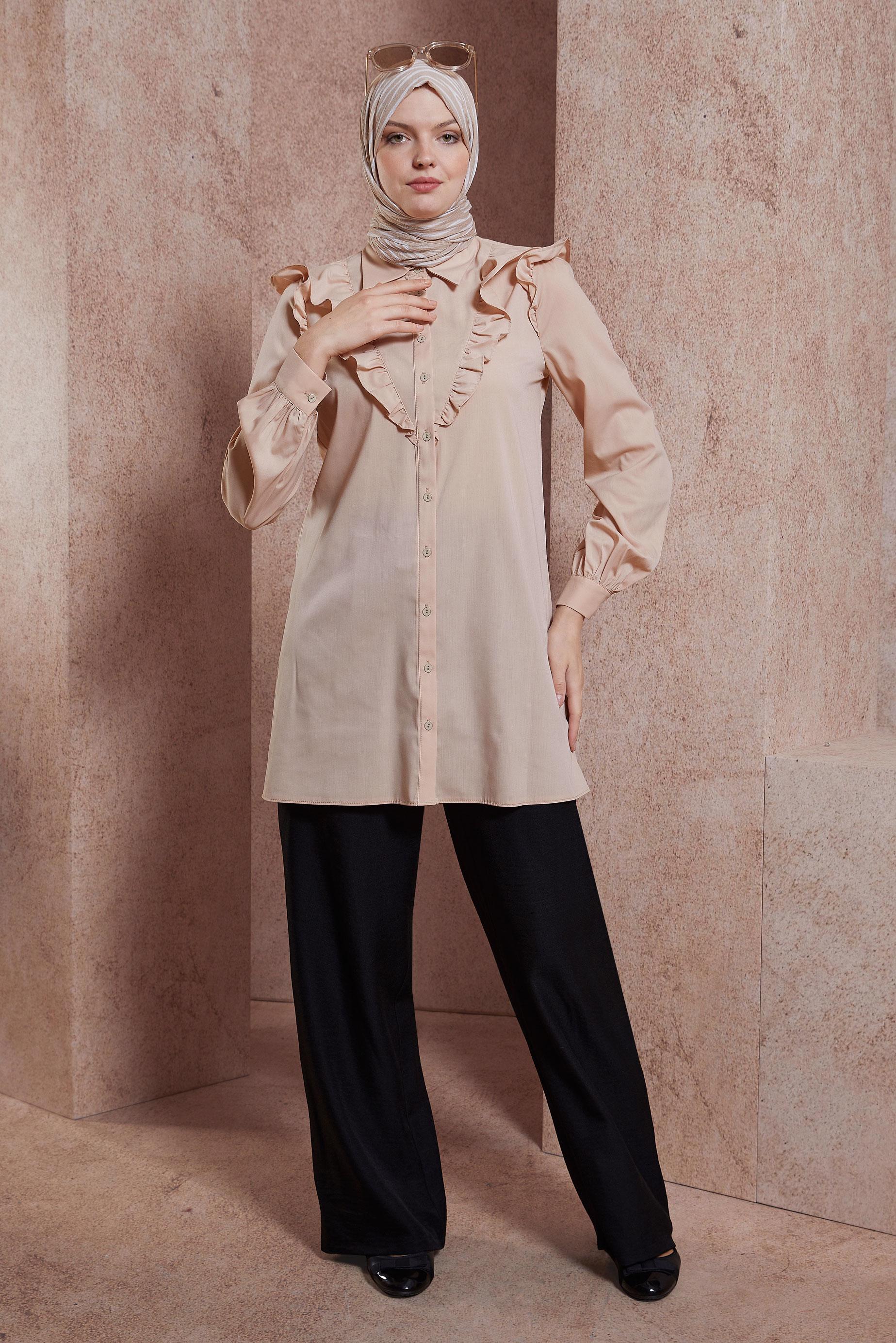 Tesettür giyim BEJ FIRFIR DETAYLI GÖMLEK TUNİK 44589